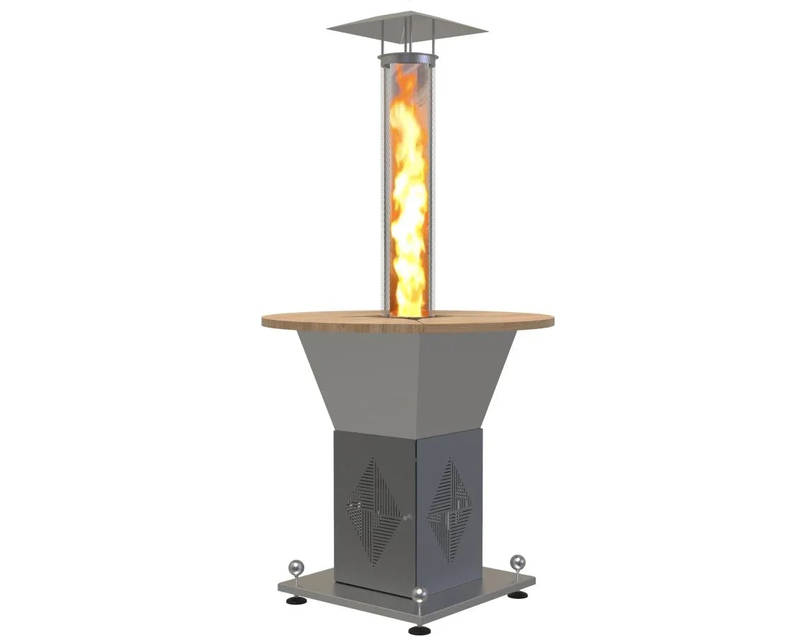 Moderner Pellet Feuer-Tisch aus Metall mit sichtbarer Flamme und Holz-Ablage.