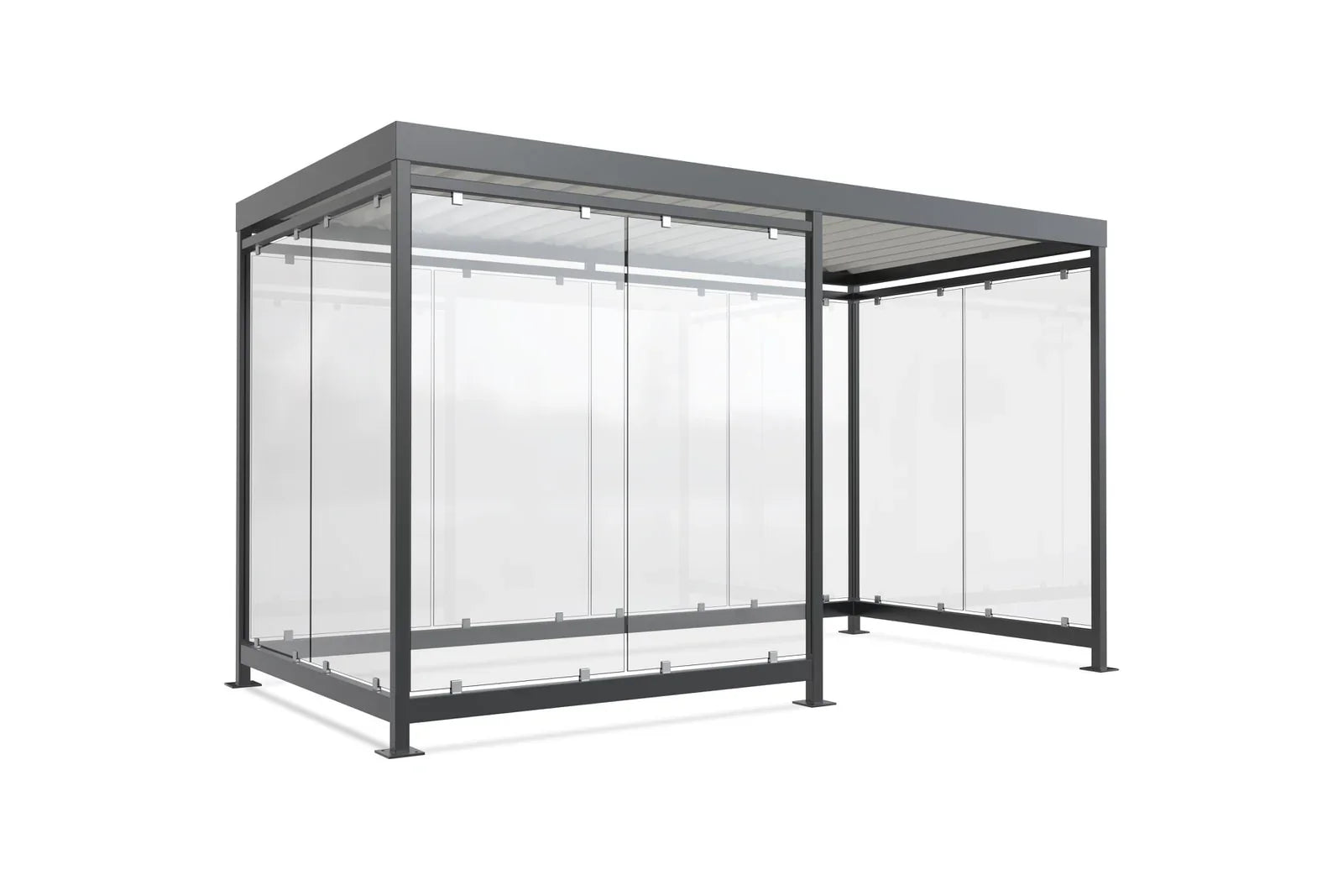 Robuste Raucherunterstand aus Metall und Glas, freistehend, moderner Wetterschutz.