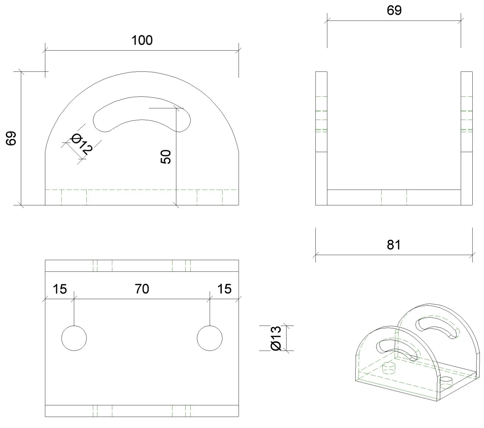 Technische Zeichnung eines Pfostenträgers aus Metall mit Maßen und Bohrungen für Sichtschutz