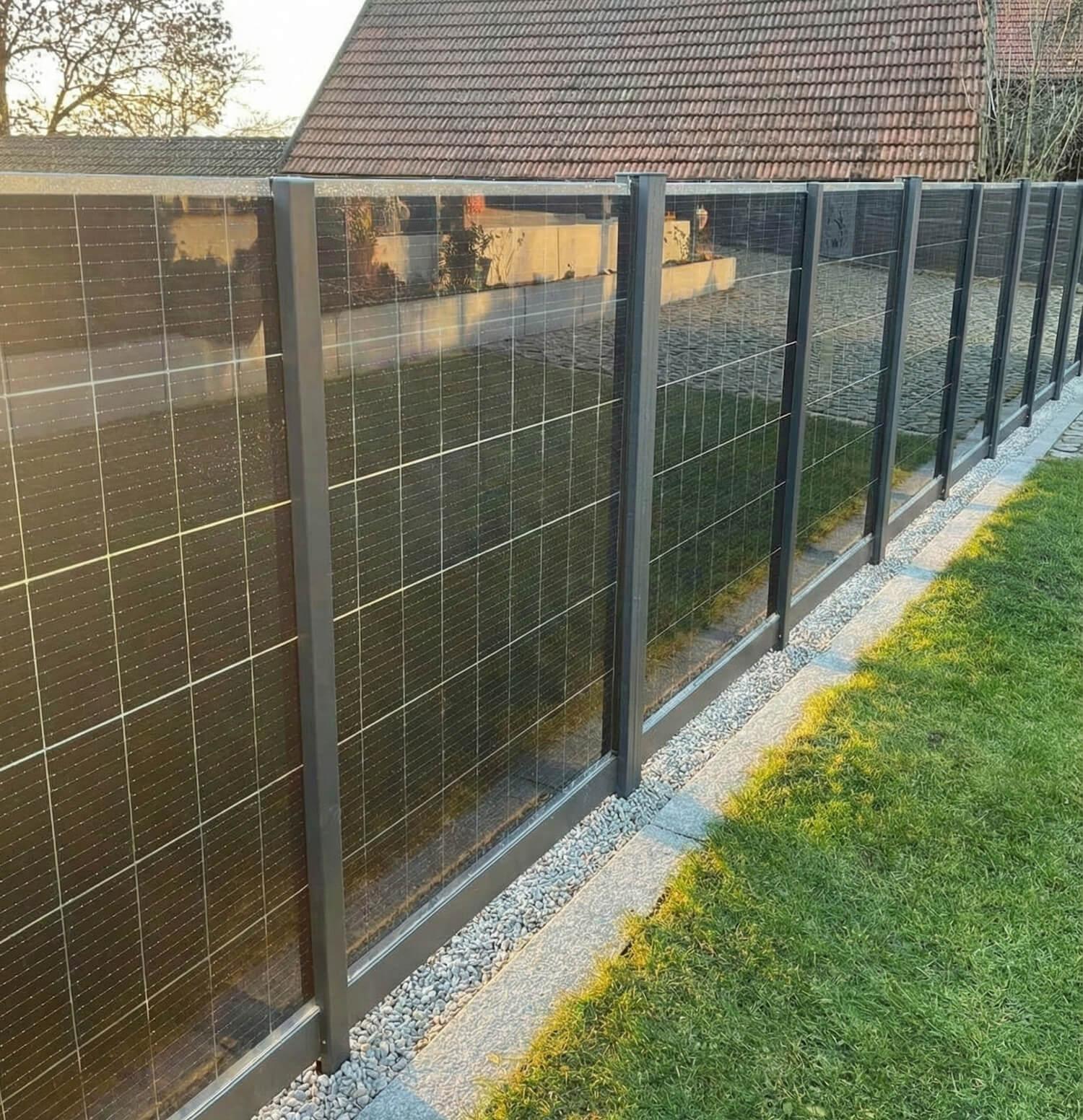 Moderner Metallzaun mit integrierten Solarpanels im Garten auf Kiesfundament