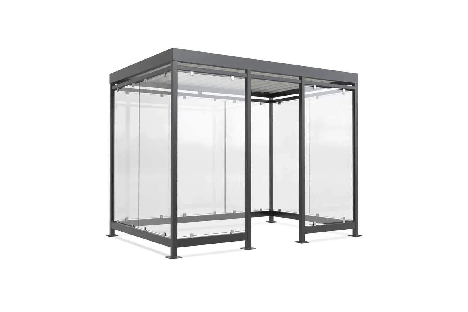 Moderner Metall Unterstand mit Glaswänden, geeignet als Raucherunterstand oder Fahrradunterstand.