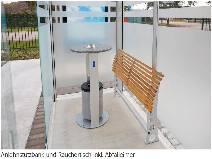 Raucherkabine mit Anlehnstützbank, Rauchertisch und Abfalleimer aus Metall