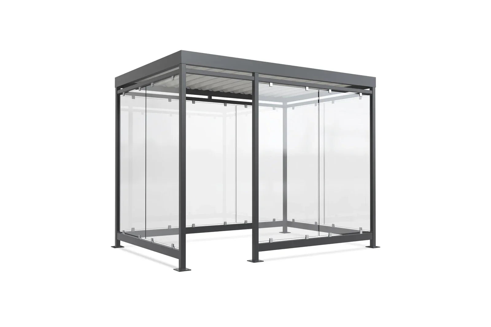 Raucherschutzkabine mit Glaswänden und Metallrahmen, Überdachung, freistehend