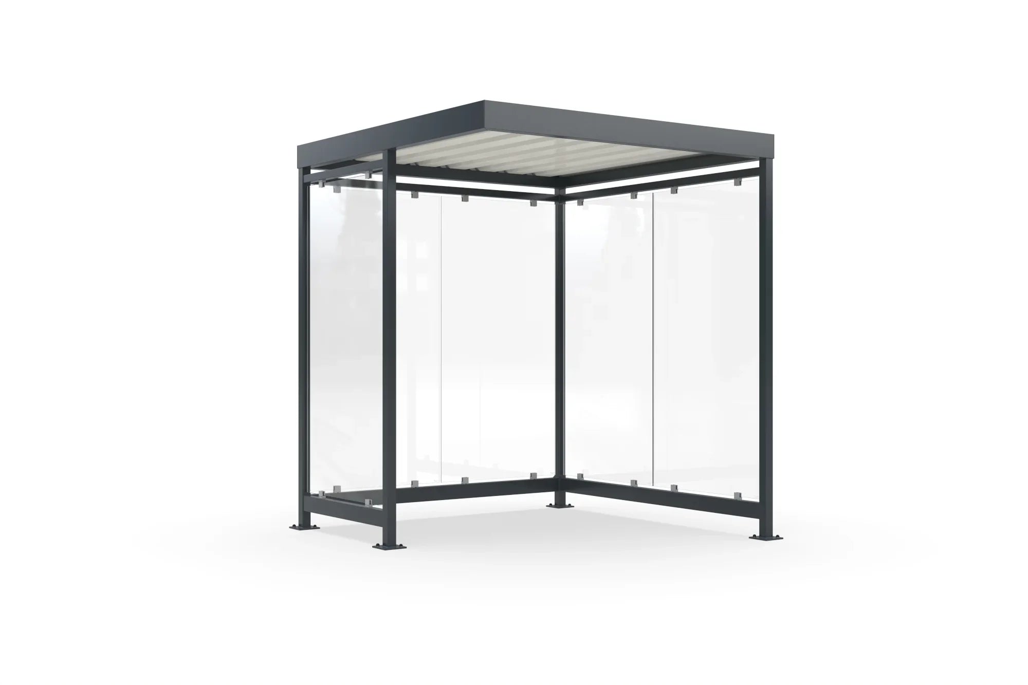 Moderne Raucherüberdachung aus Metall mit Glaswänden und Flachdach freistehend