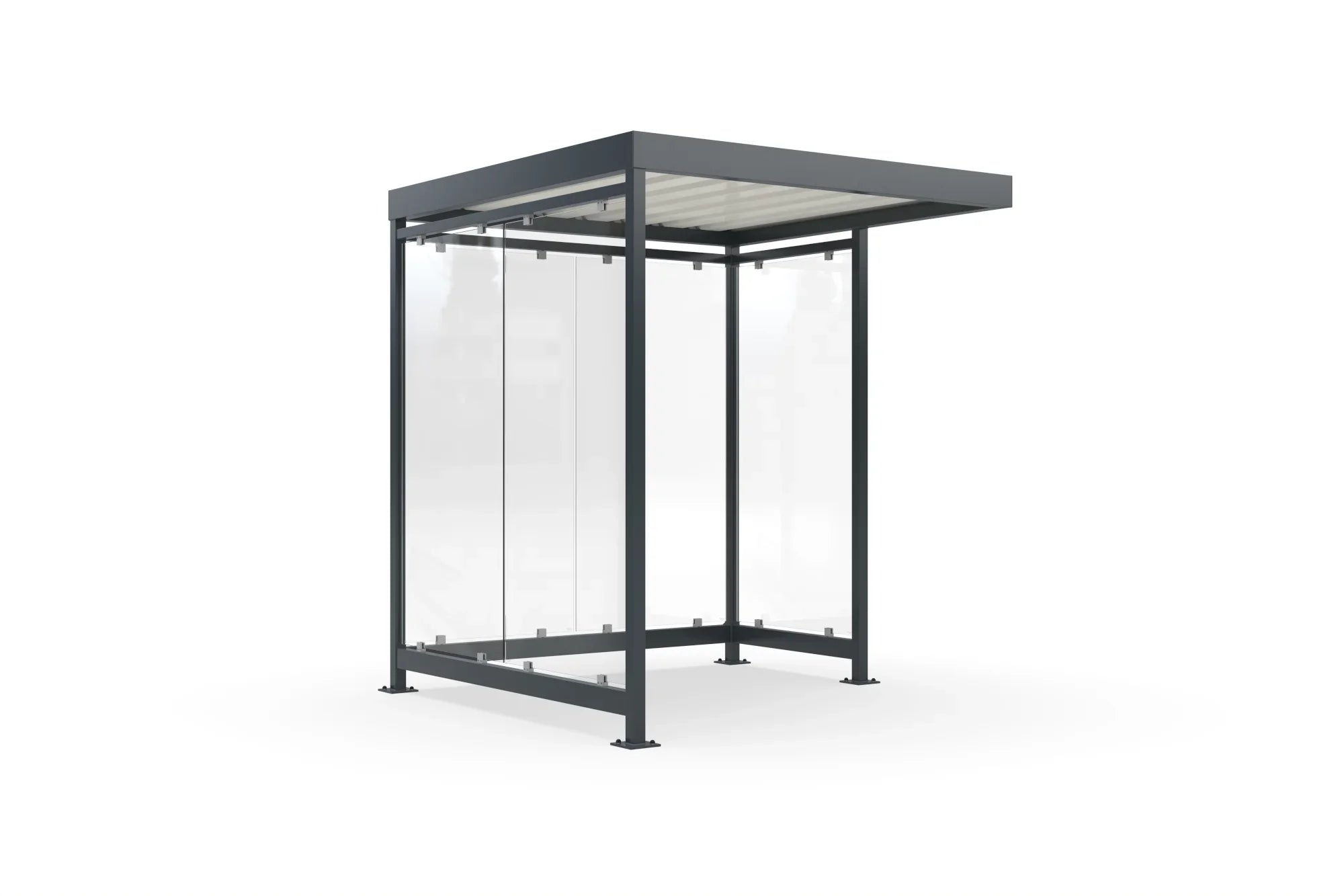 Raucherüberdachung aus Metall mit Glaswänden und Flachdach freistehend, modern