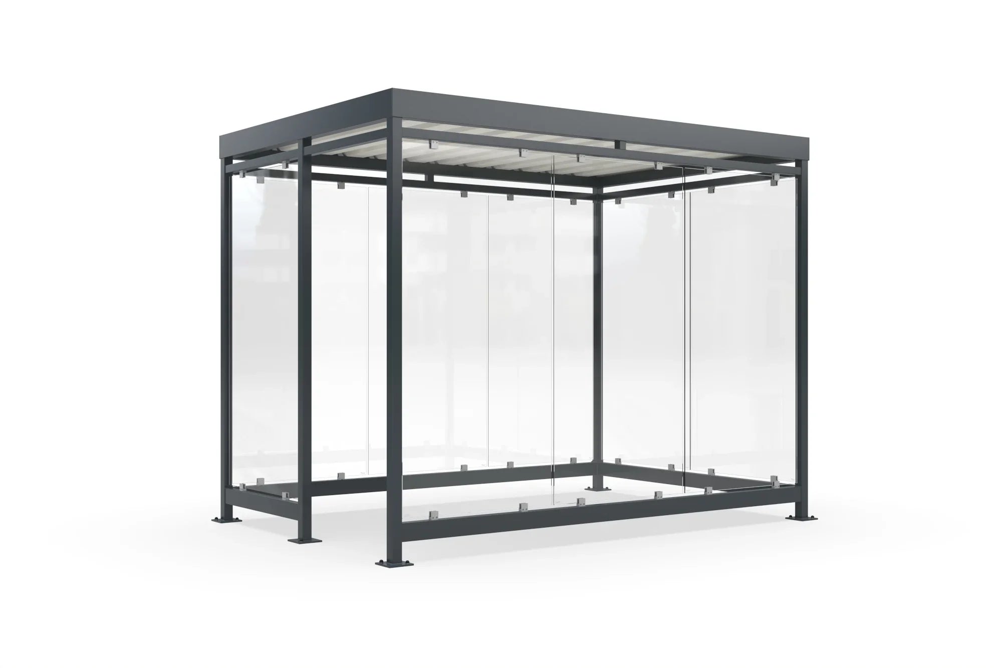 Raucherunterstand aus Metall und Glas, kubische Form, freistehend, modern