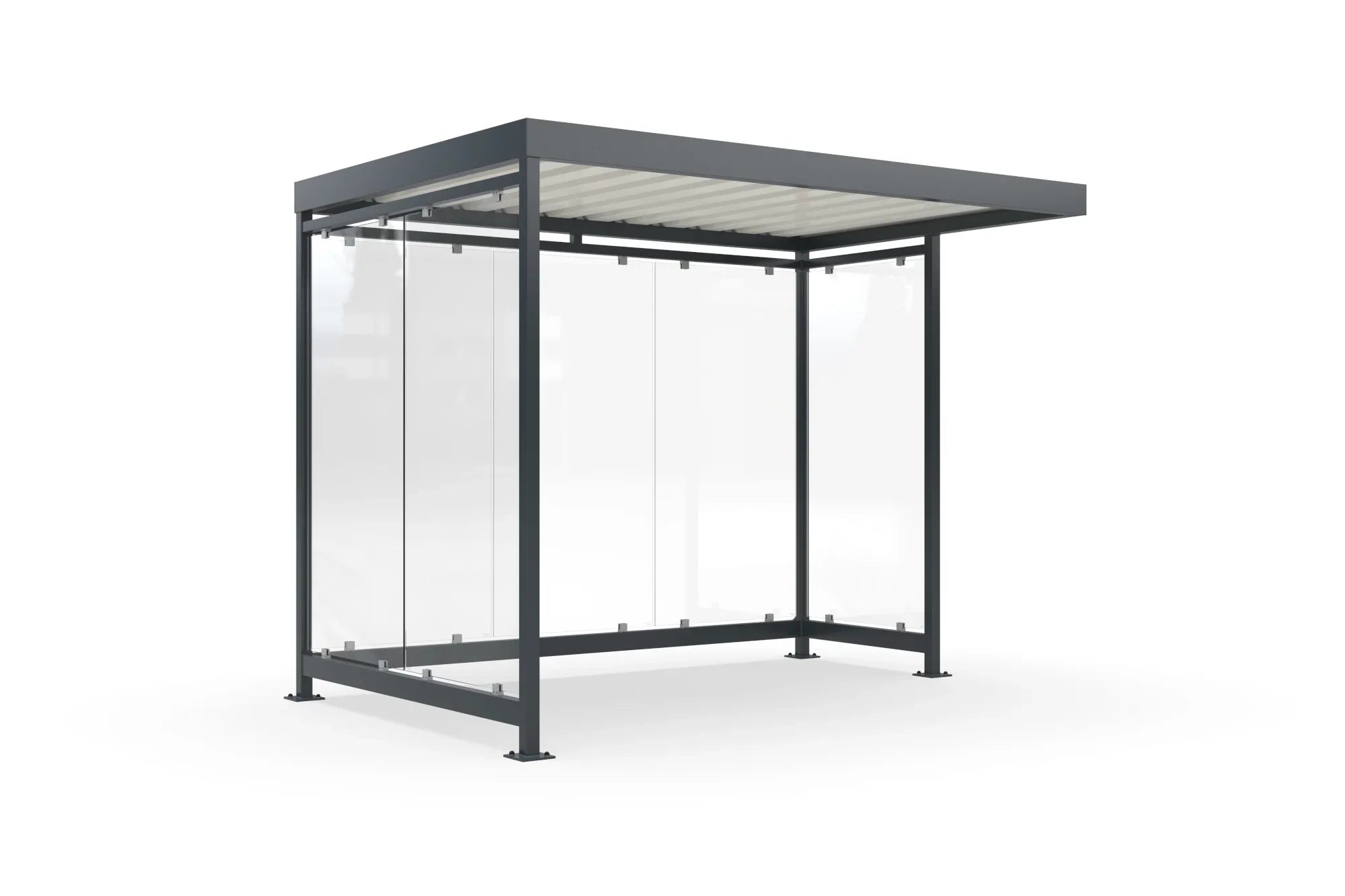 Raucherunterstand aus Metall mit Flachdach und Glaswänden für Außenbereich