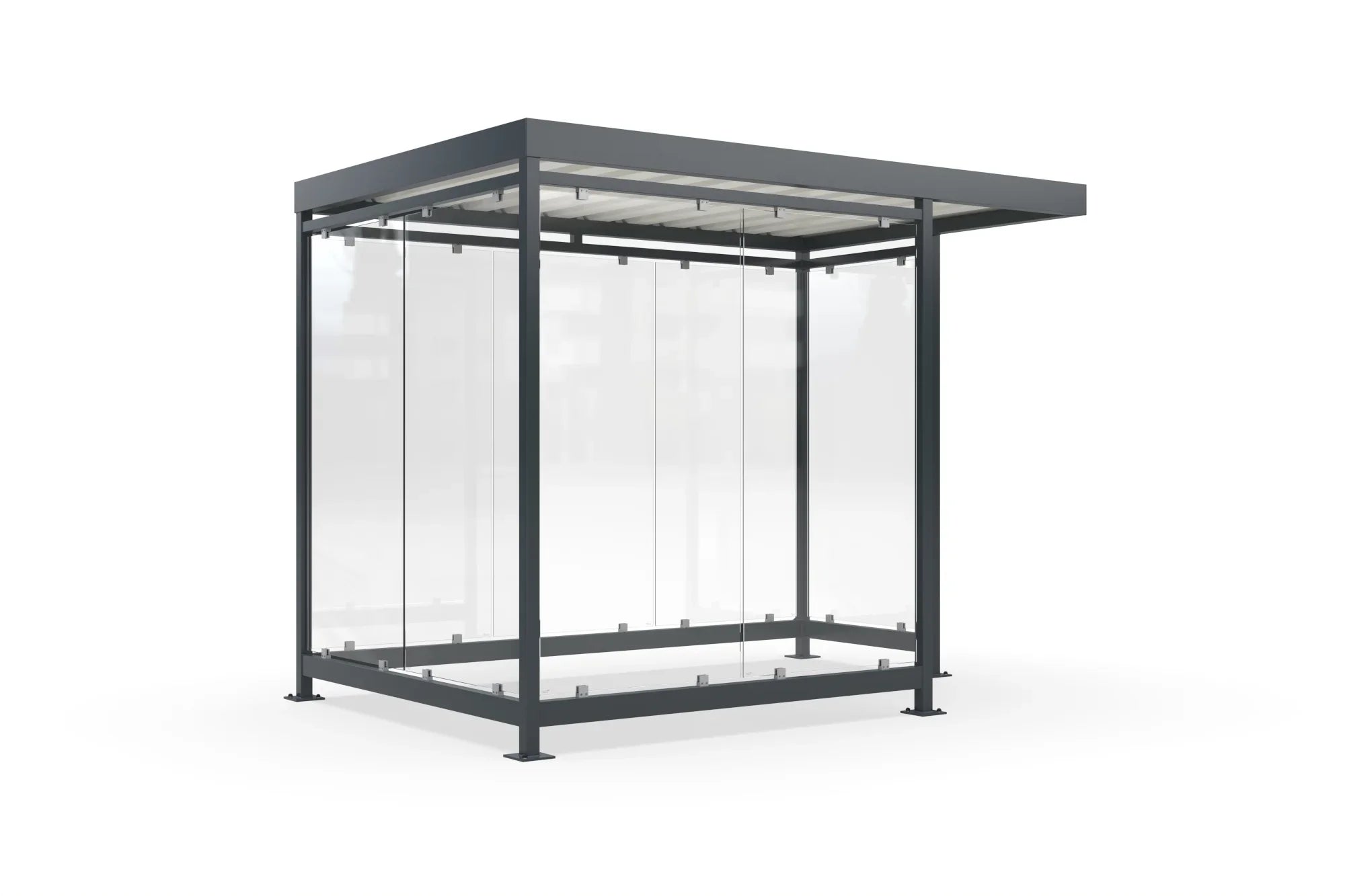 Moderne Raucherunterstand aus Metall und Glas mit Flachdach freistehend