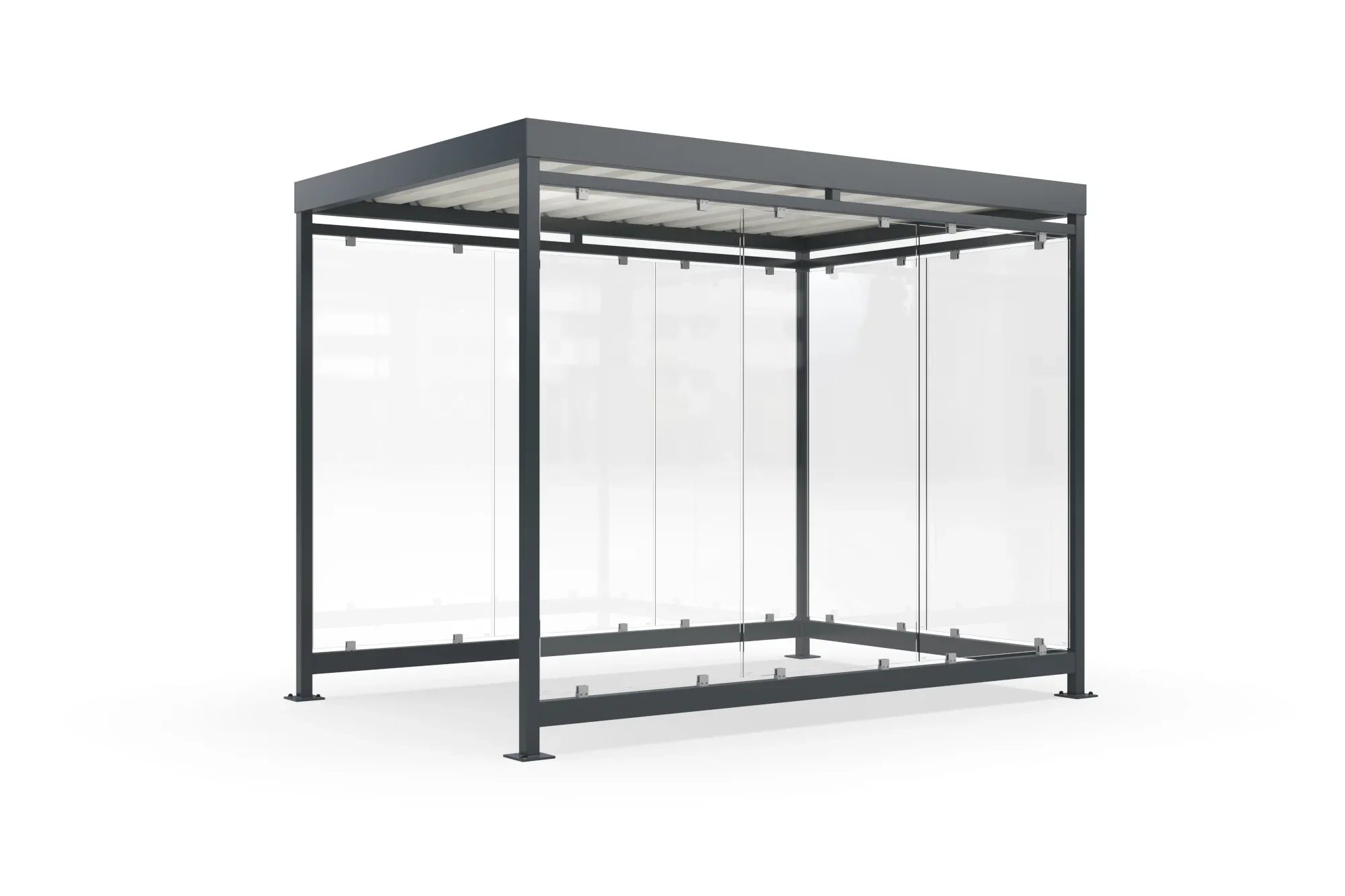 Moderne Raucherüberdachung aus Metall und Glas für den Außenbereich, freistehend