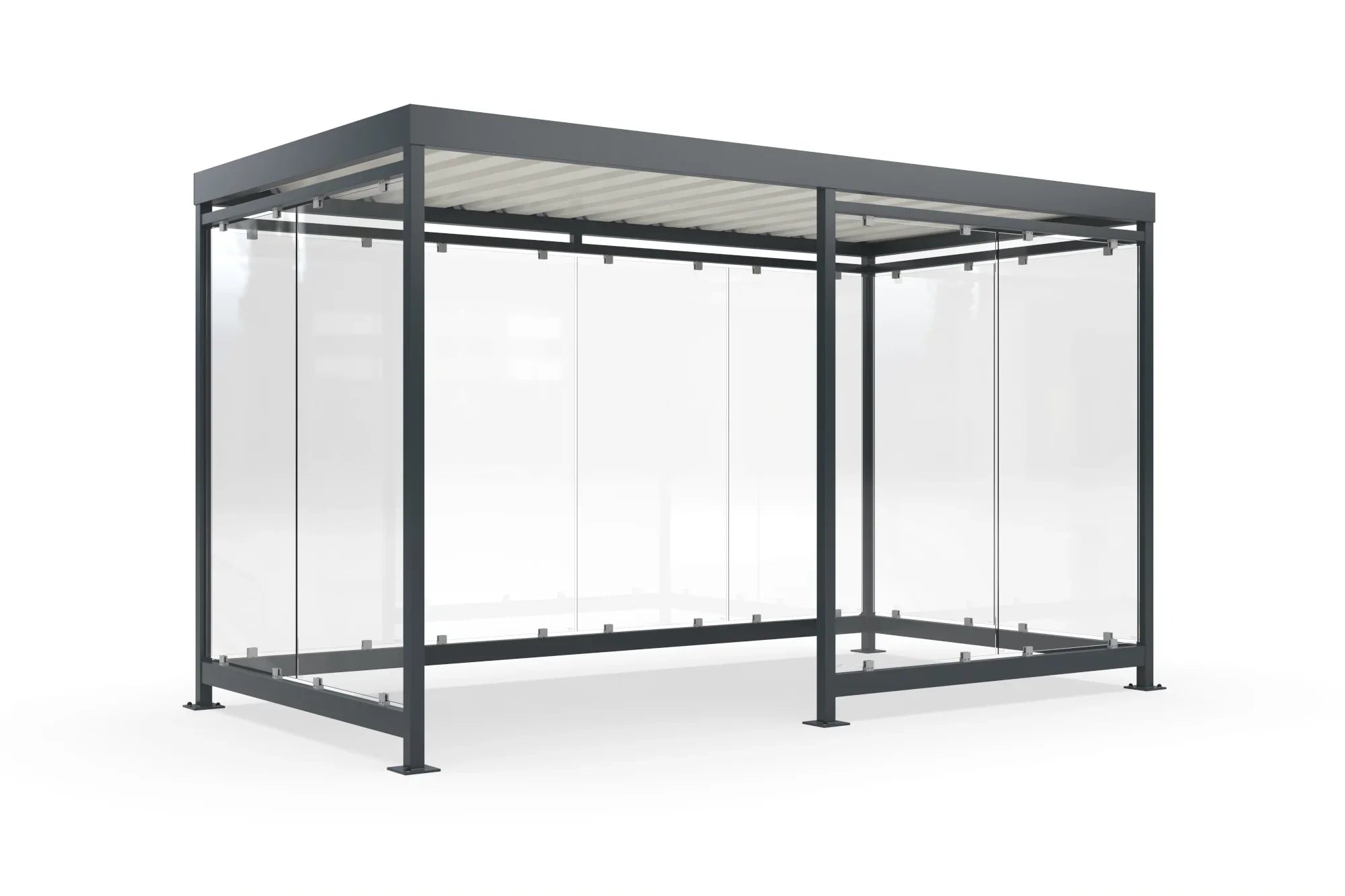 Raucherunterstand aus Metall mit Glaswänden und Flachdach, moderne Überdachung