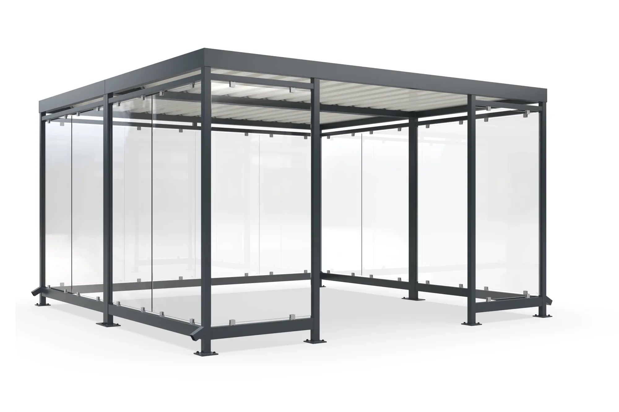 Moderne Raucherüberdachung aus Metall mit Glaswänden für Außenbereich, freistehend