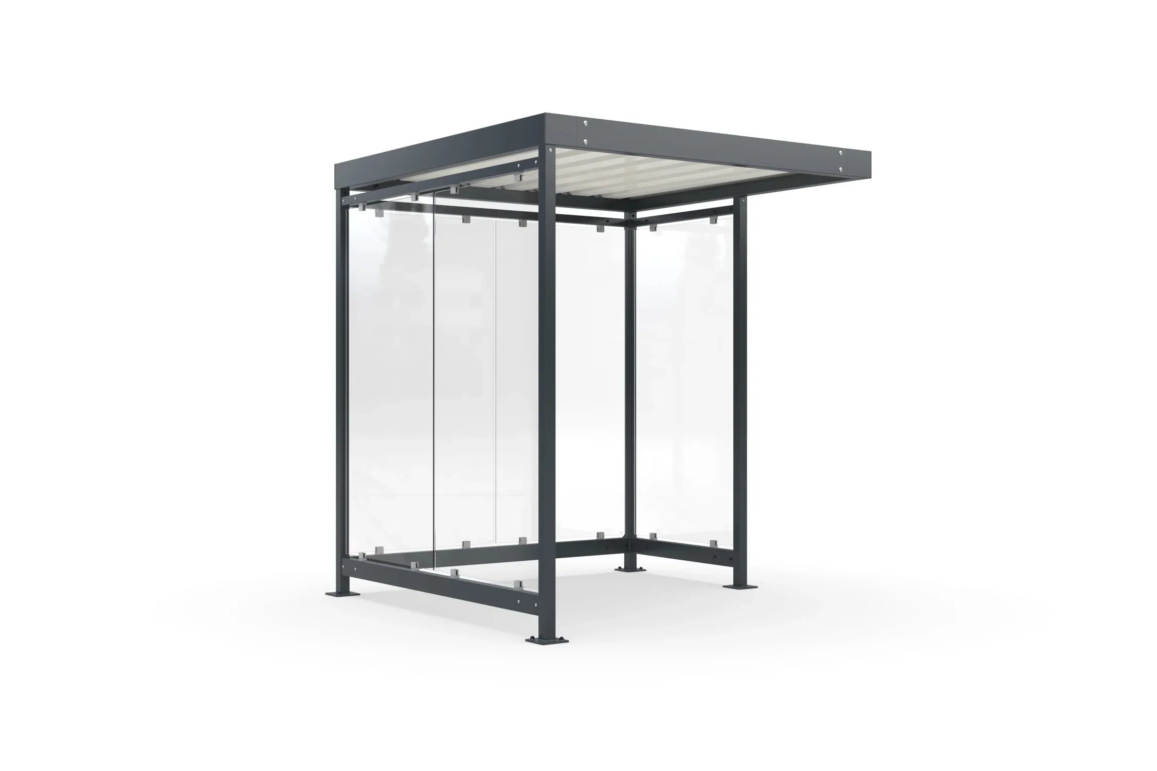 Raucherunterstand Bausatz aus Metall mit Flachdach und Glaswänden, freistehend