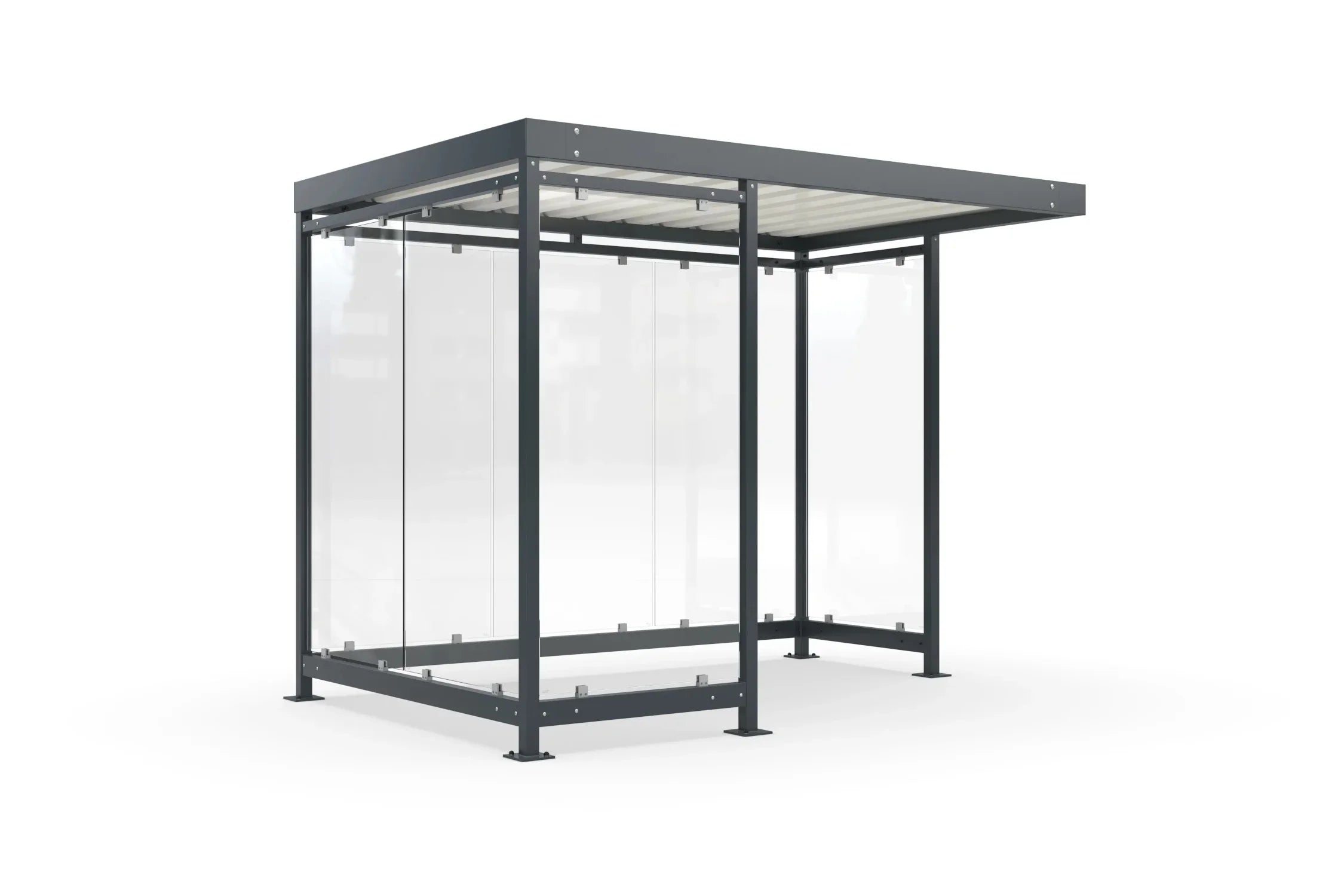 Raucherunterstand mit Flachdach und Seitenwänden aus Glas, stabile Metallkonstruktion, freistehend