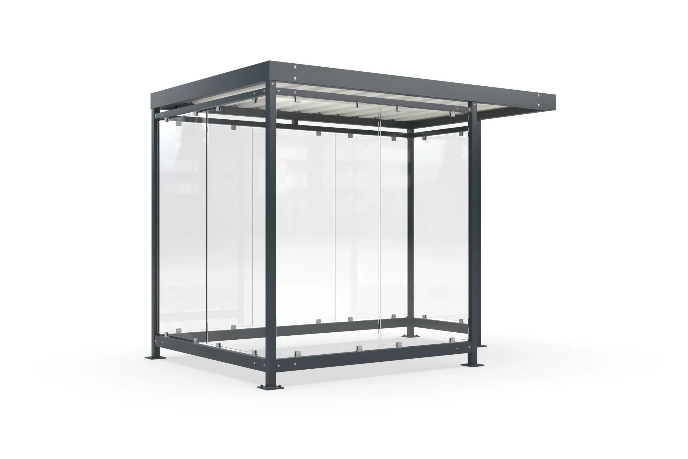 Raucherüberdachung Bausatz aus Metall mit Glaswänden und Flachdach, freistehend