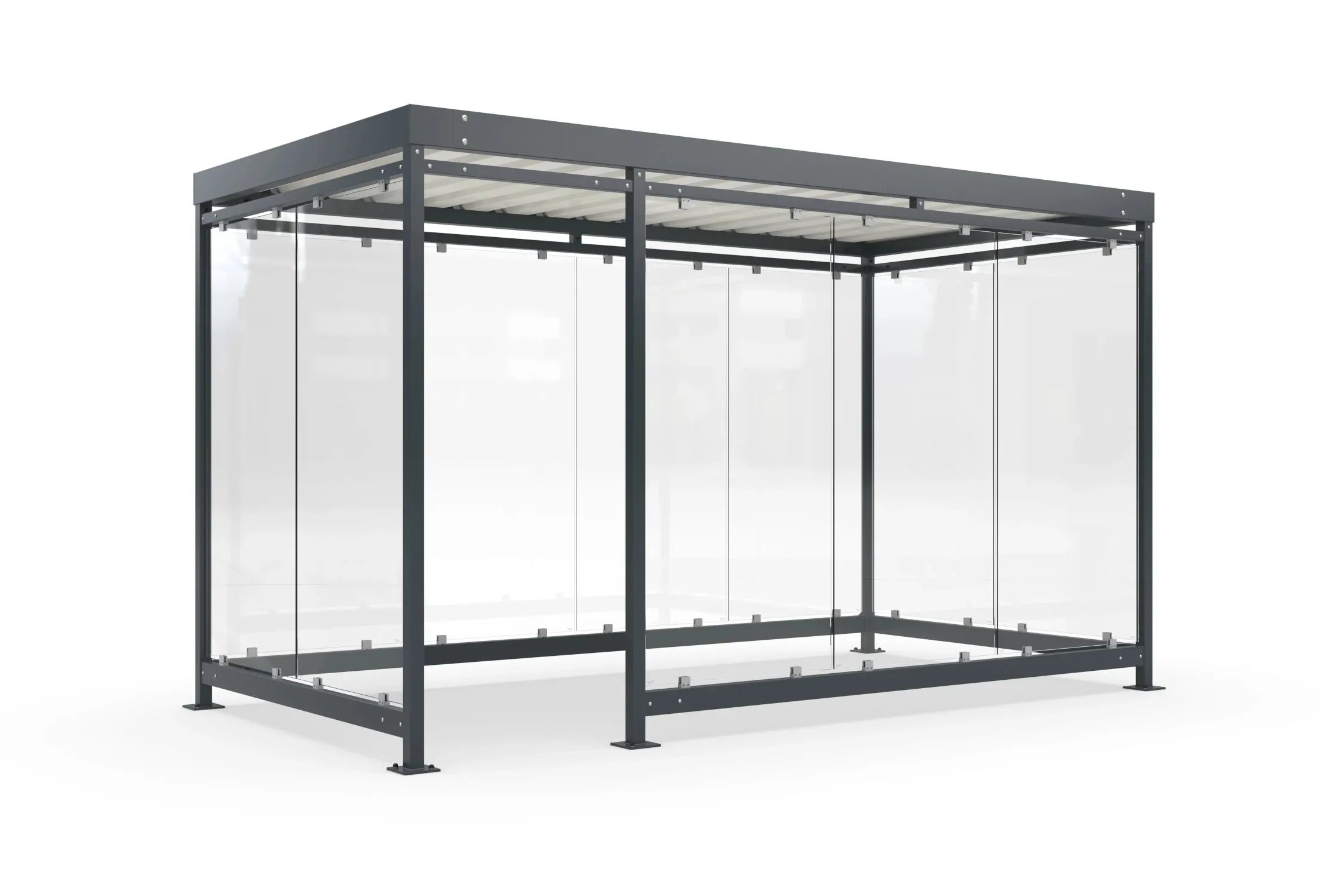 Raucherunterstand Bausatz aus Metall mit Flachdach und Glaswänden, freistehend