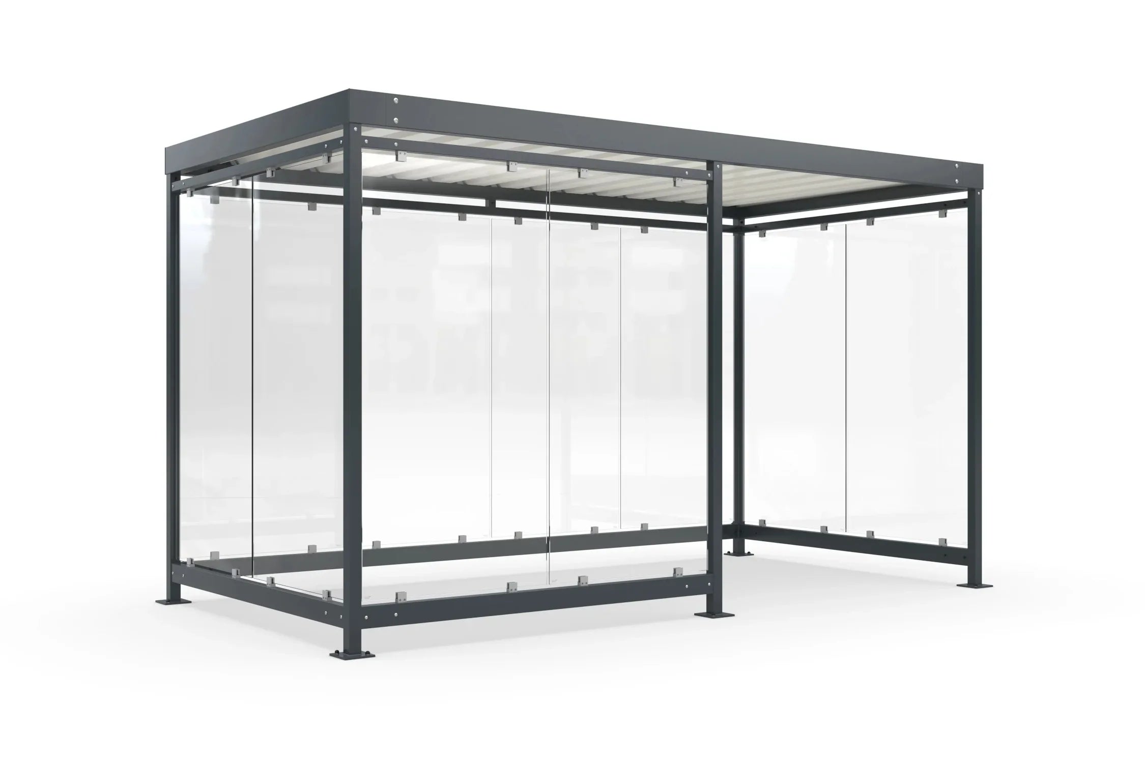 Raucherunterstand Bausatz aus Metall mit Flachdach und Glaswänden, modern, freistehend