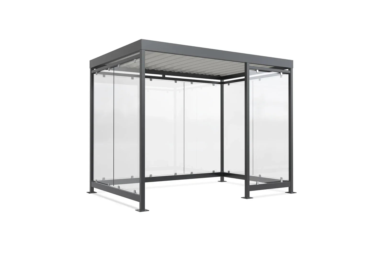 Moderne Raucherunterstand aus Metall und Glas, Überdachung für Außenbereich