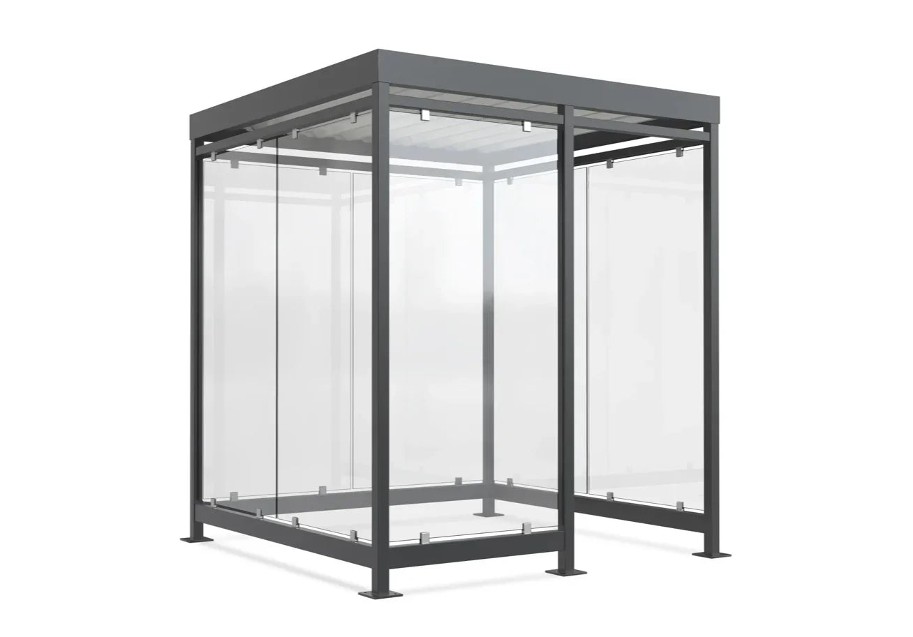 Raucherunterstand aus Metall und Glas mit Flachdach, modern und wettergeschützt