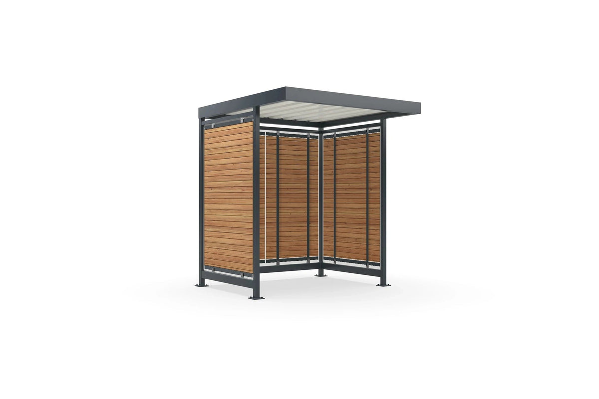 Raucherunterstand Köln K2 a/a 2,2 × 2,2 m mit Holzverkleidung aus Douglasie statt Glaswänden (Visualisierung)