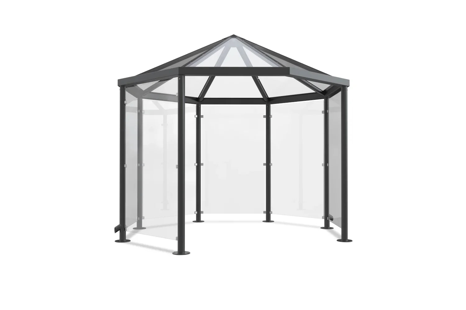 Raucherunterstand aus Metall mit Glasdach, sechseckige Überdachung, freistehend
