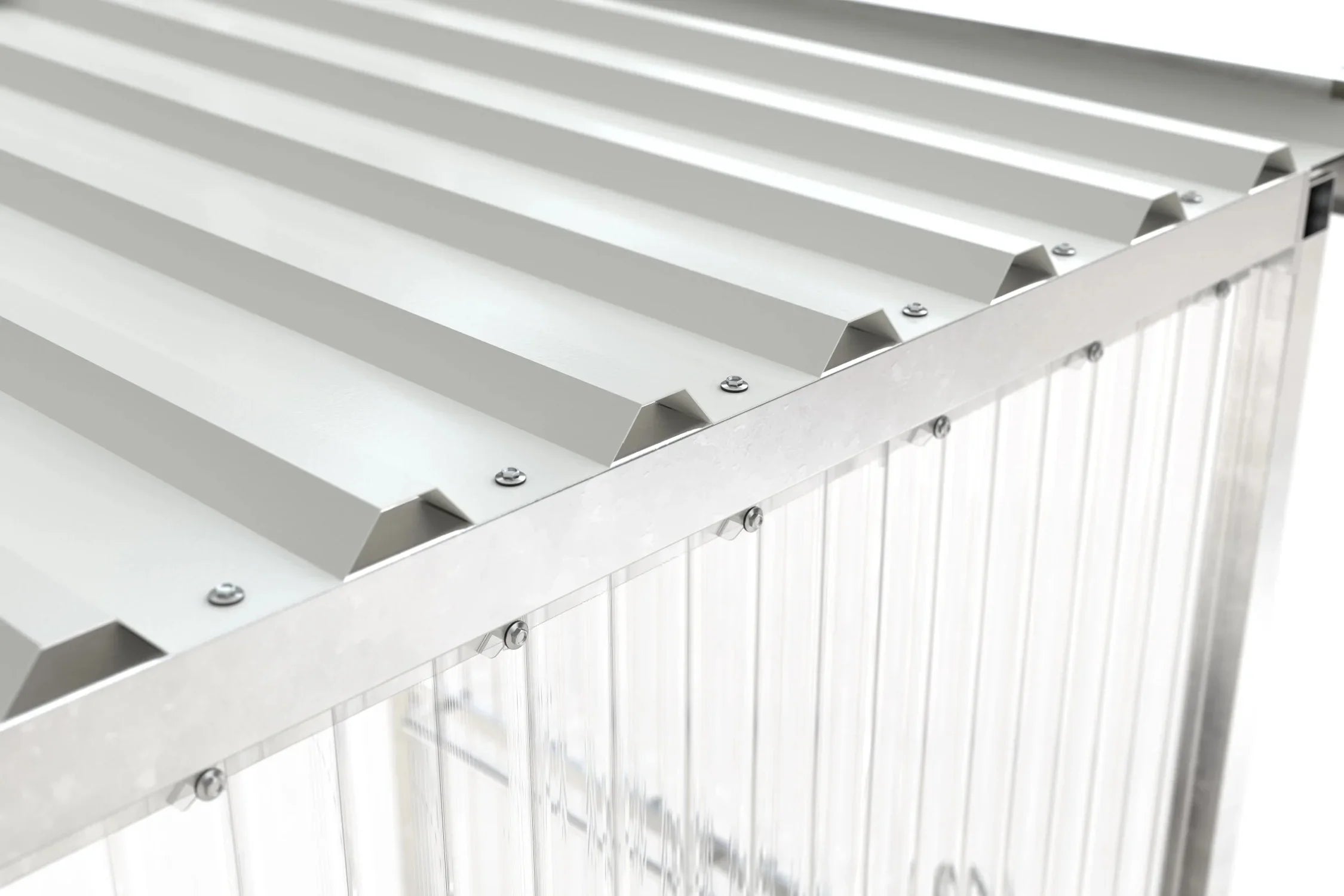 Detailansicht verzinktes Wellblechdach mit Polycarbonat-Seitenwand für Überdachung