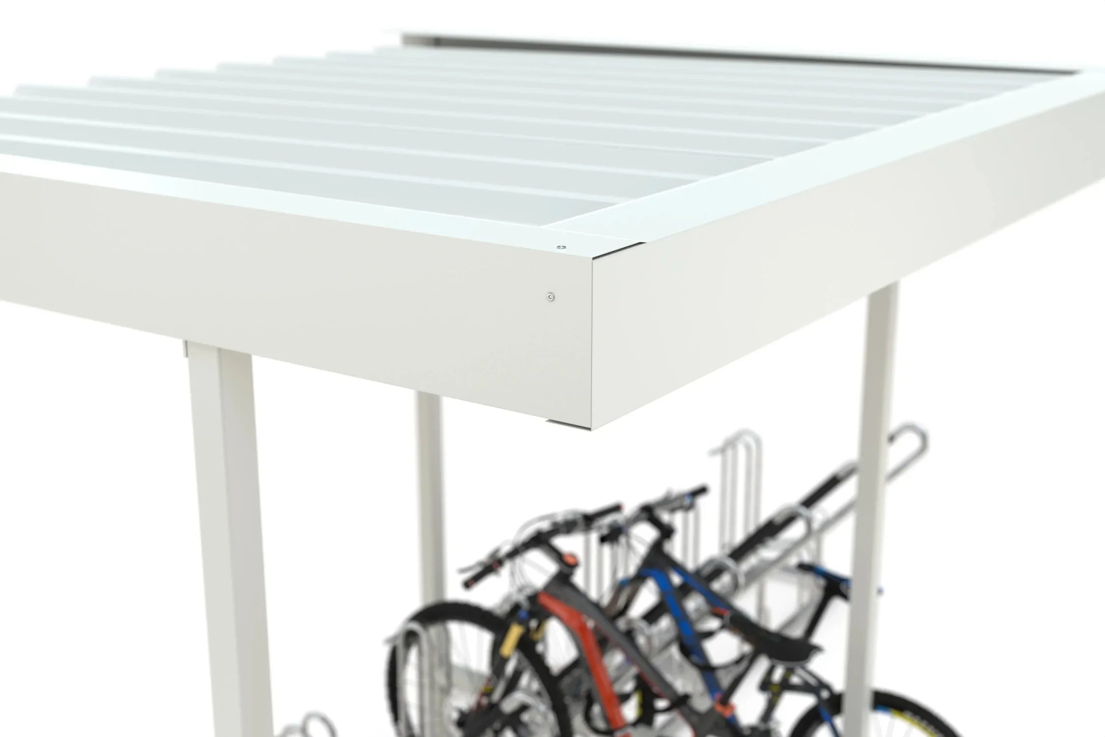 Detailaufnahme Metallüberdachung RAL 9002 mit Fahrradständern darunter, modern und robust