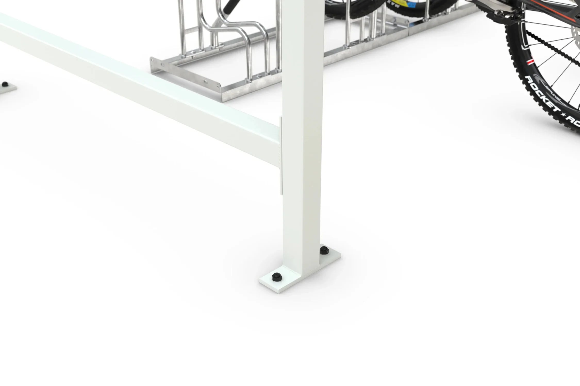 Detailansicht Metallpfosten einer Überdachung RAL 9002 mit Fahrradständer und Fahrrad