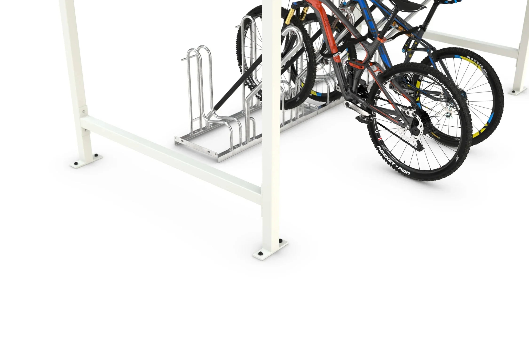 Detailansicht Überdachung aus Metall mit Fahrradständer und Fahrrädern, RAL 9002