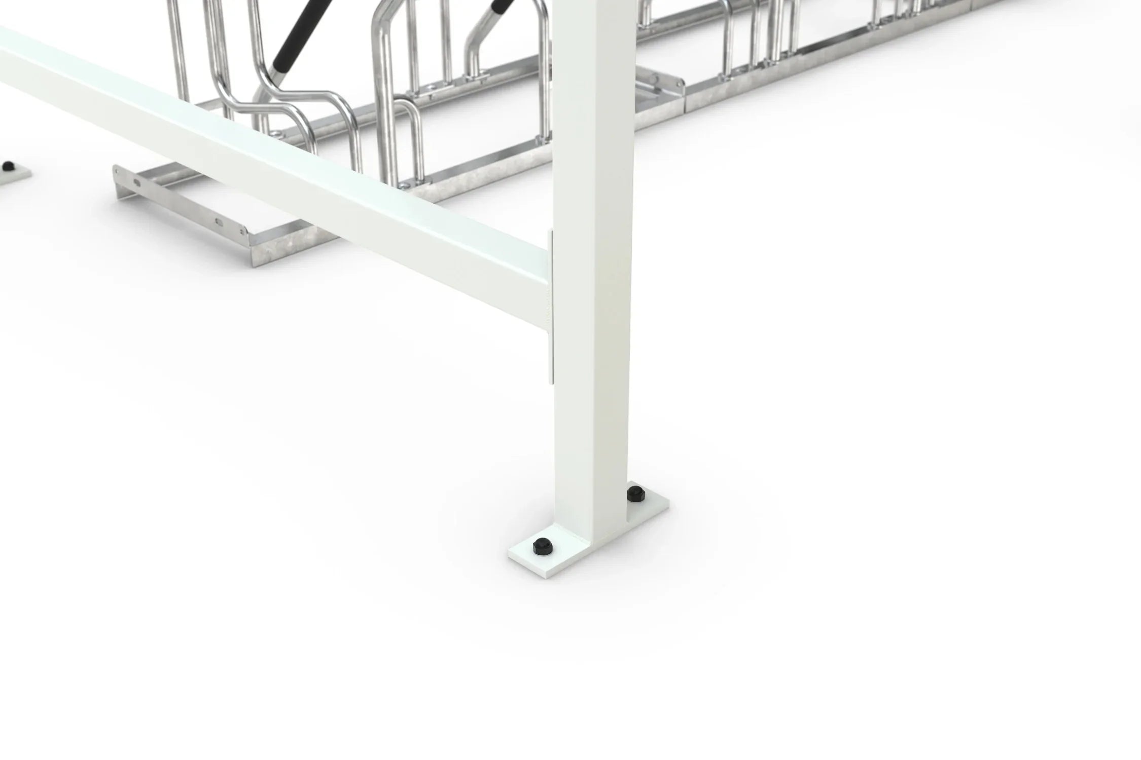 Detailansicht Metallpfosten und Befestigung eines Überdachung Raucherunterstands, RAL 9002, mit Fahrradständer