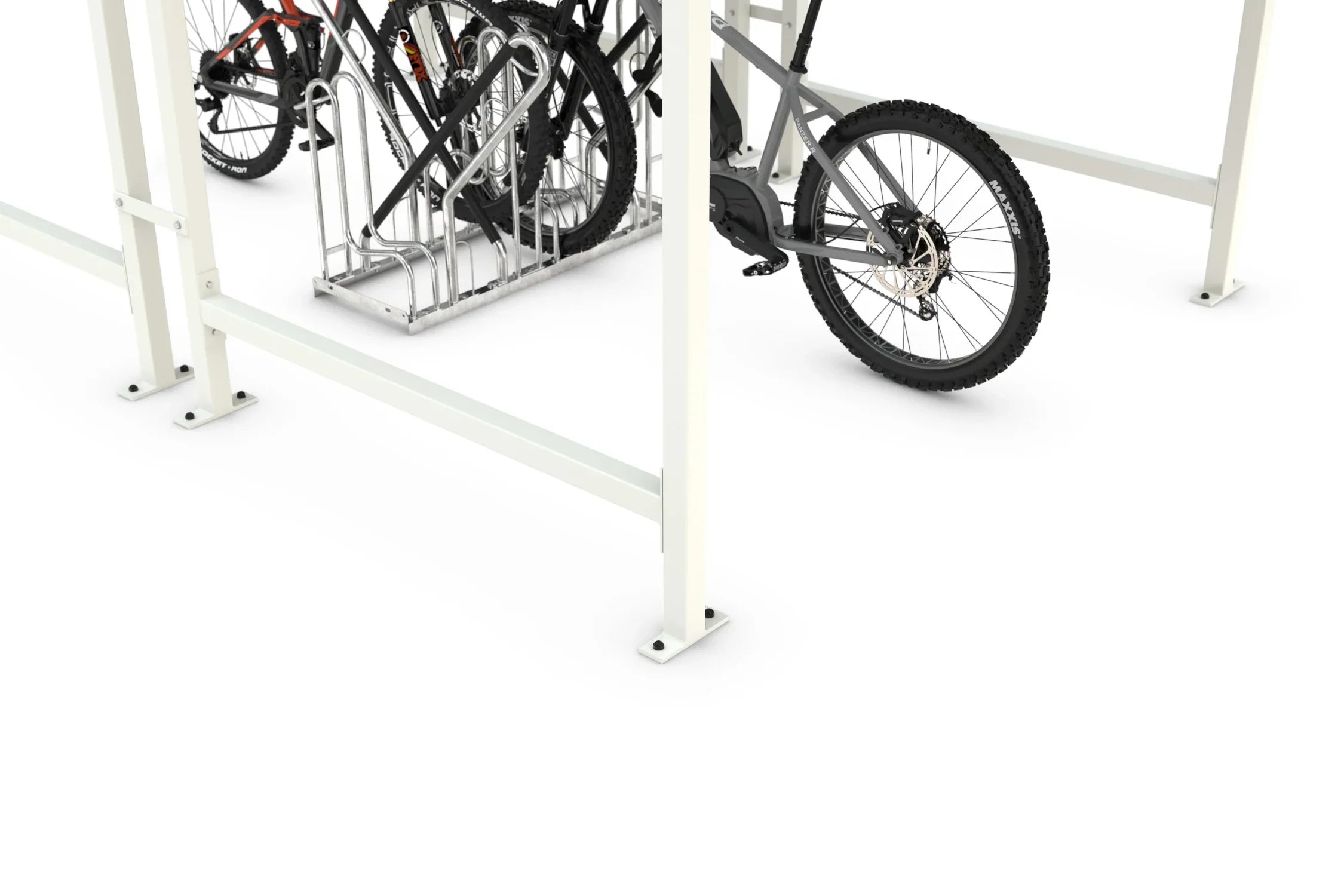 Detailansicht Metall Fahrradunterstand mit Fahrradständer und befestigten Fahrrädern