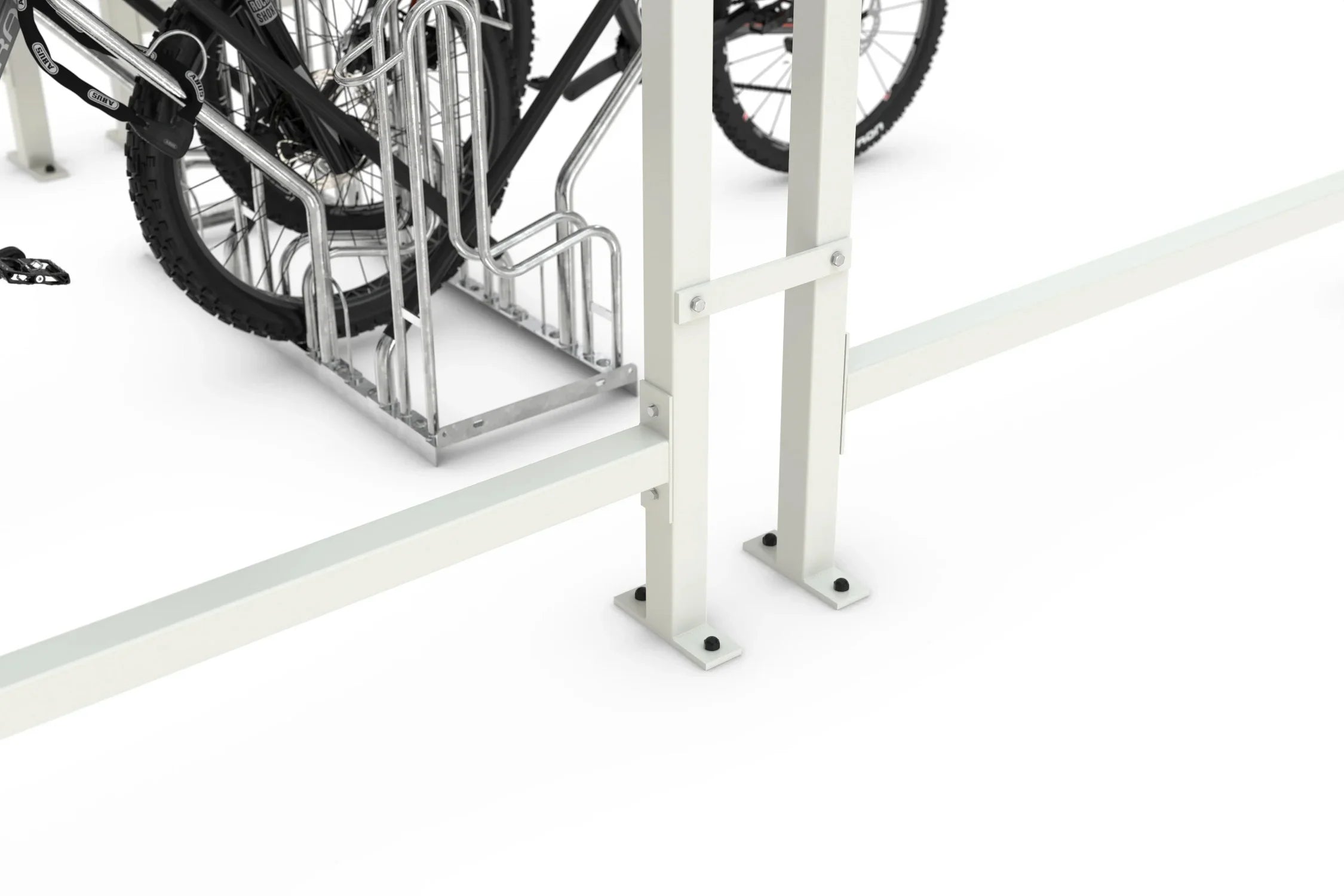 Detailaufnahme Metall-Raucherunterstand mit Fahrradständer, helle Pulverbeschichtung, Bodenbefestigung