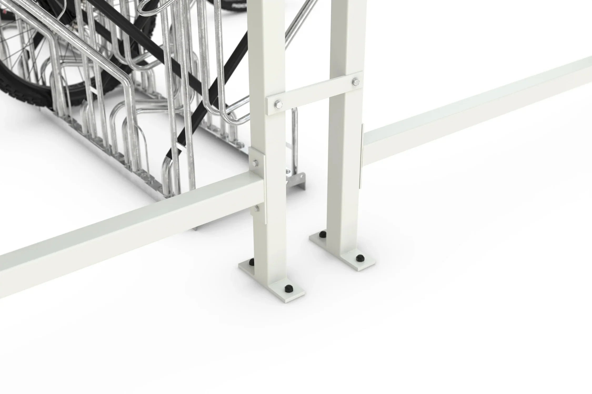 Detailaufnahme Metallrahmen in RAL 9002, Bodenbefestigung und Fahrradständer