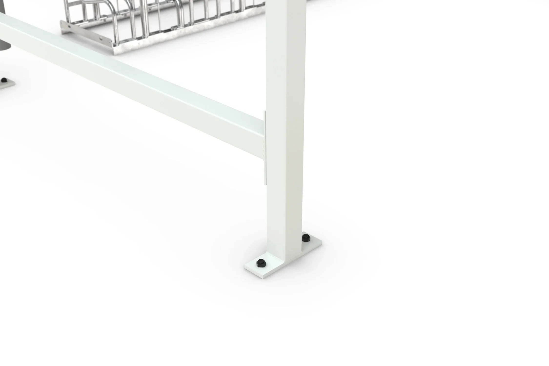 Detailansicht Metallfuß eines Überdachungs-Rahmens, RAL 9002, für Raucherunterstand