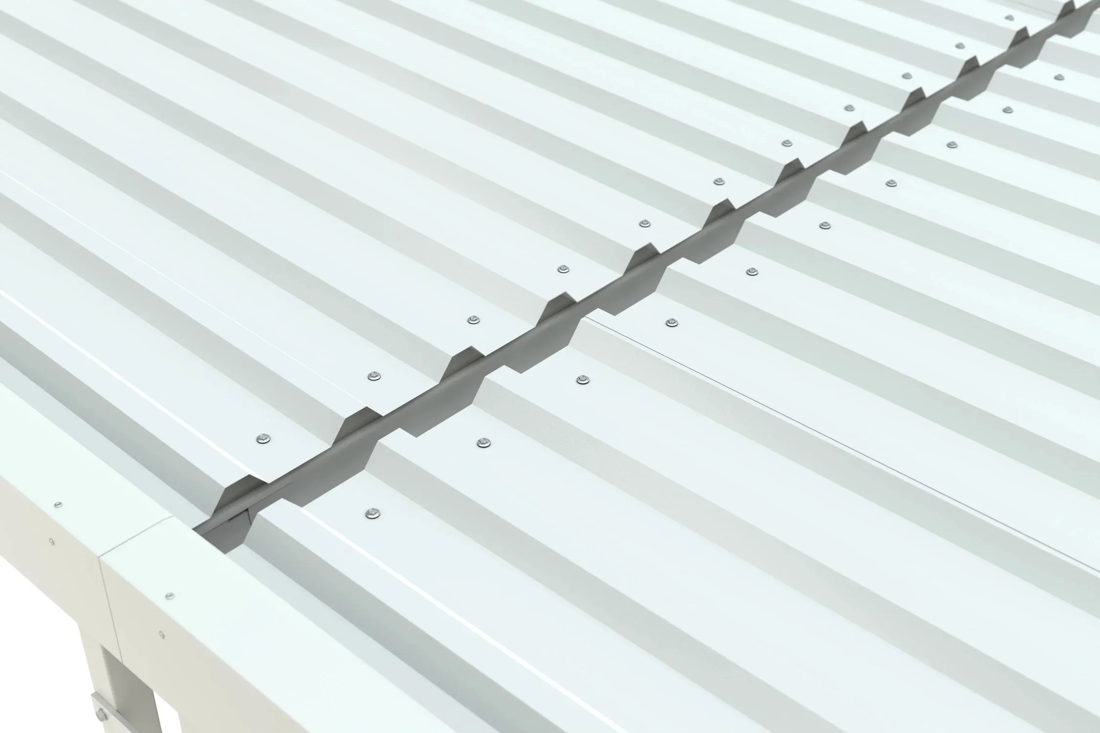 Detailansicht Wellblechdach Überdachung aus Metall, verschraubt, modern, RAL 9002.