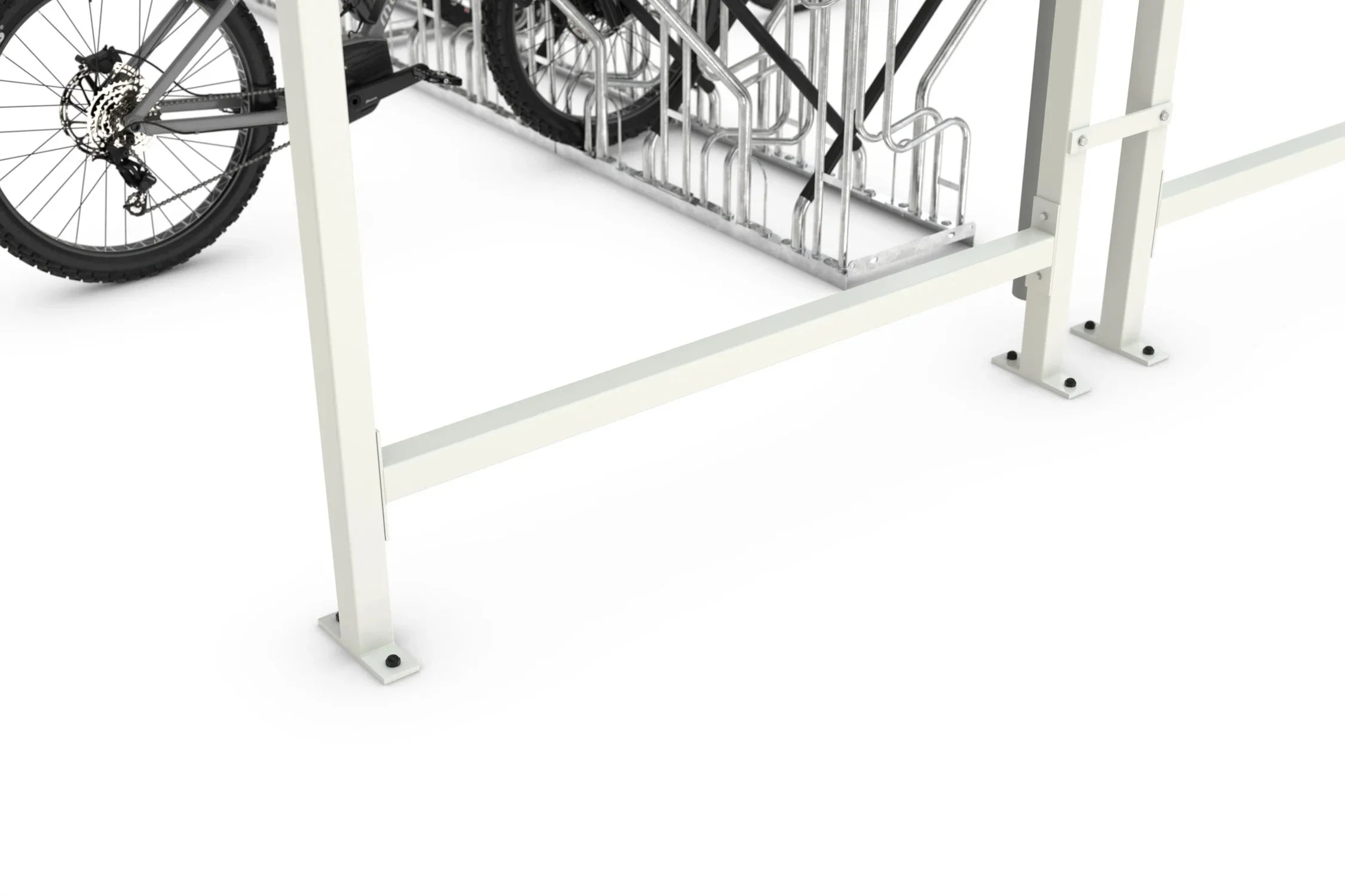 Detailaufnahme Metallrahmen mit Fahrradständer, pulverbeschichtet RAL 9002