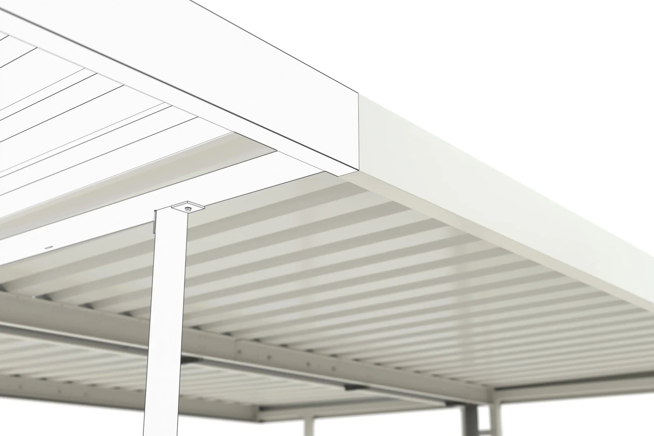 Detailansicht einer weißen Metallüberdachung, stabile Pfosten und Trapezblechdach