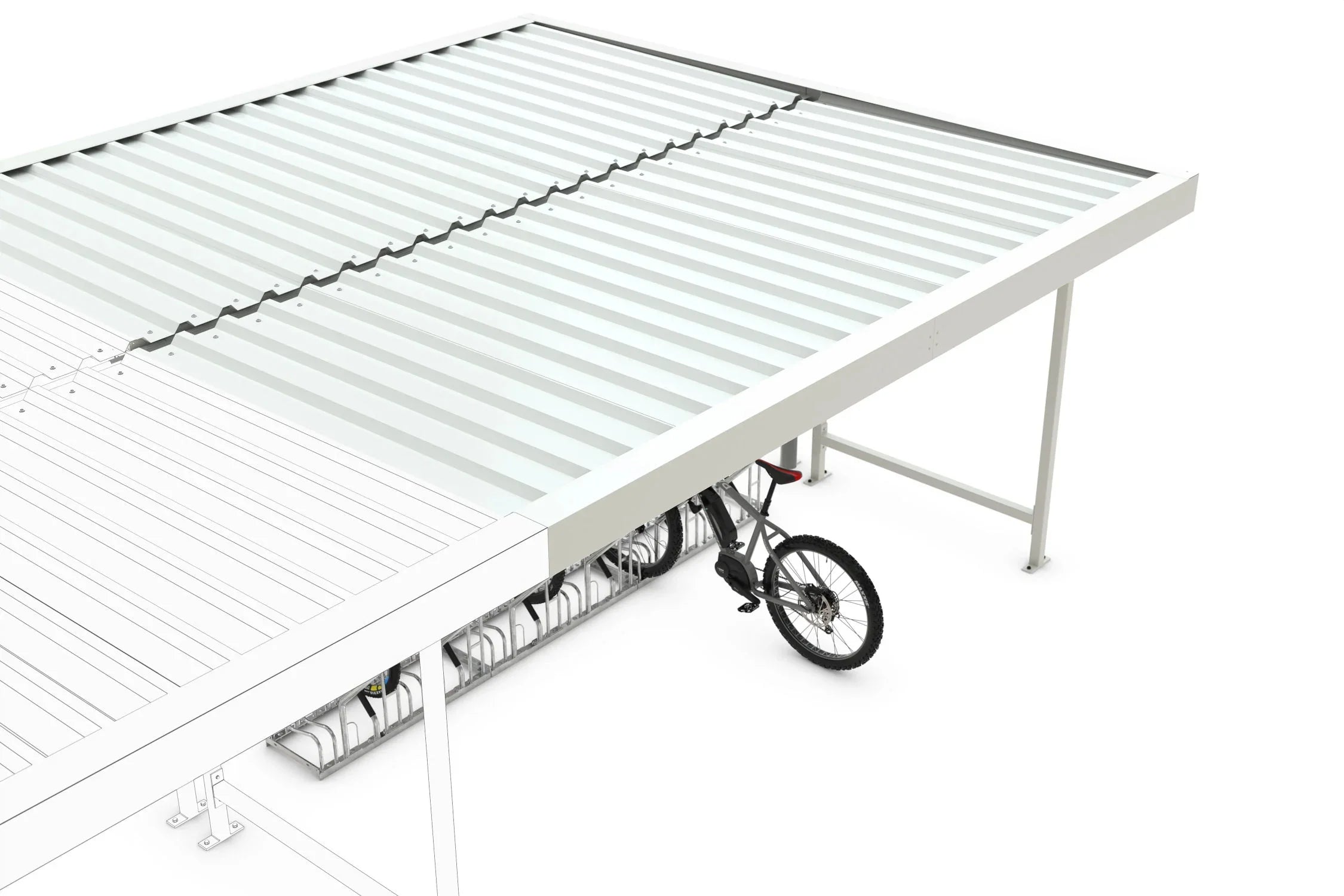 Überdachter Raucherunterstand aus Metall mit Fahrradständer und modernem Design