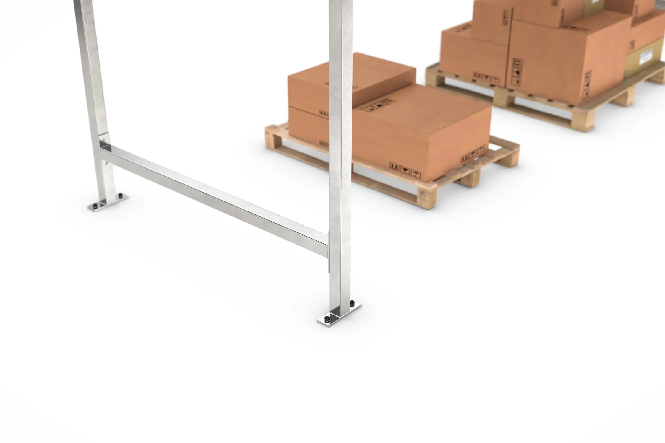 Detail verzinktes Metallgestell Raucherunterstand, Paletten mit Kartons im Hintergrund