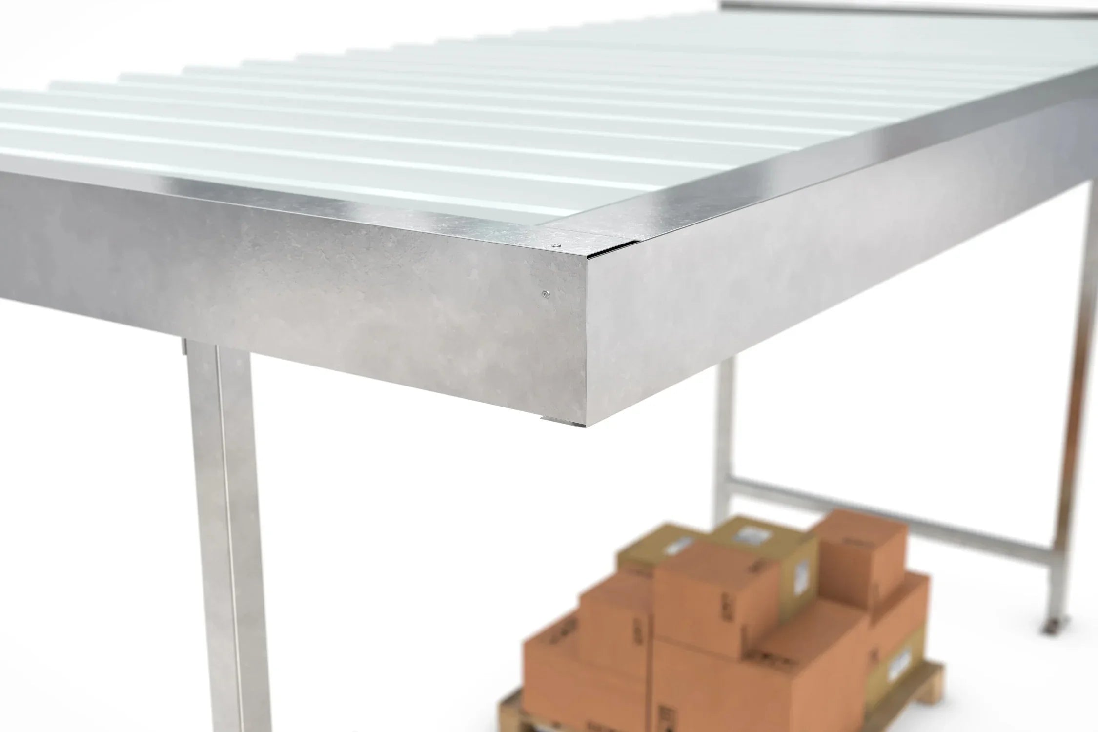 Detailansicht verzinkte Überdachung mit Wellblechdach und Paketen auf Palette darunter