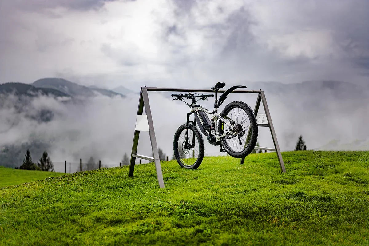 Robuster Edelstahl Sattelständer für MTB Fahrrad im Freien auf grüner Wiese vor Berglandschaft