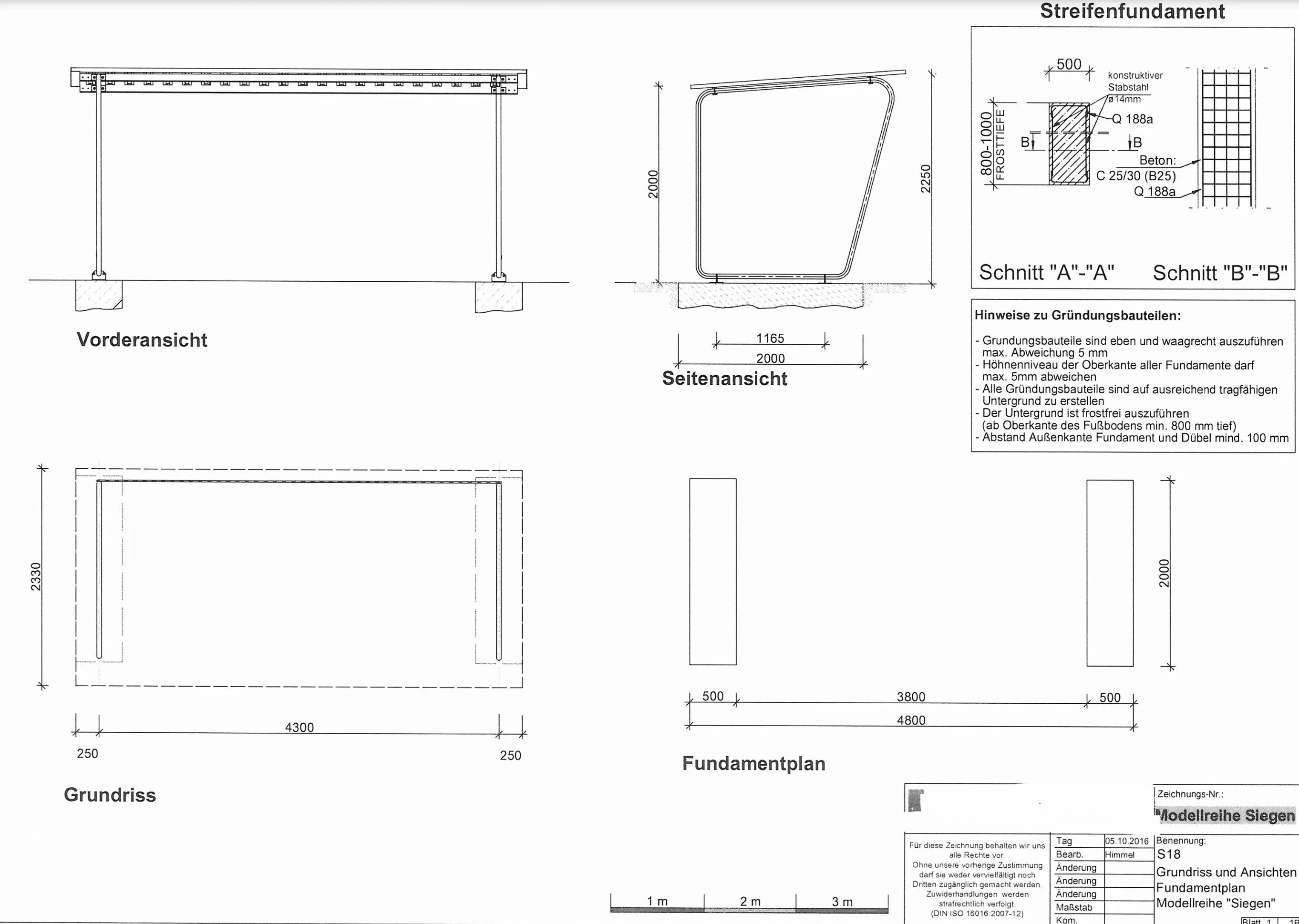 Technische Zeichnung Fahrradhaus Überdachung Siegen mit Maßen, Fundamentplan und Details