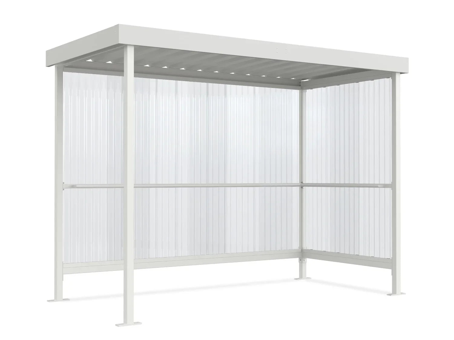 Raucherunterstand Jena Maxi RAL 9002 grauweiß, 2960 × 1580 mm, Flachdach mit Trapezblech, Rück- und Seitenwand aus transparentem Wellpolycarbonat, Anlehnbügel serienmäßig – Stahlbausatz zur Eigenaufstellung