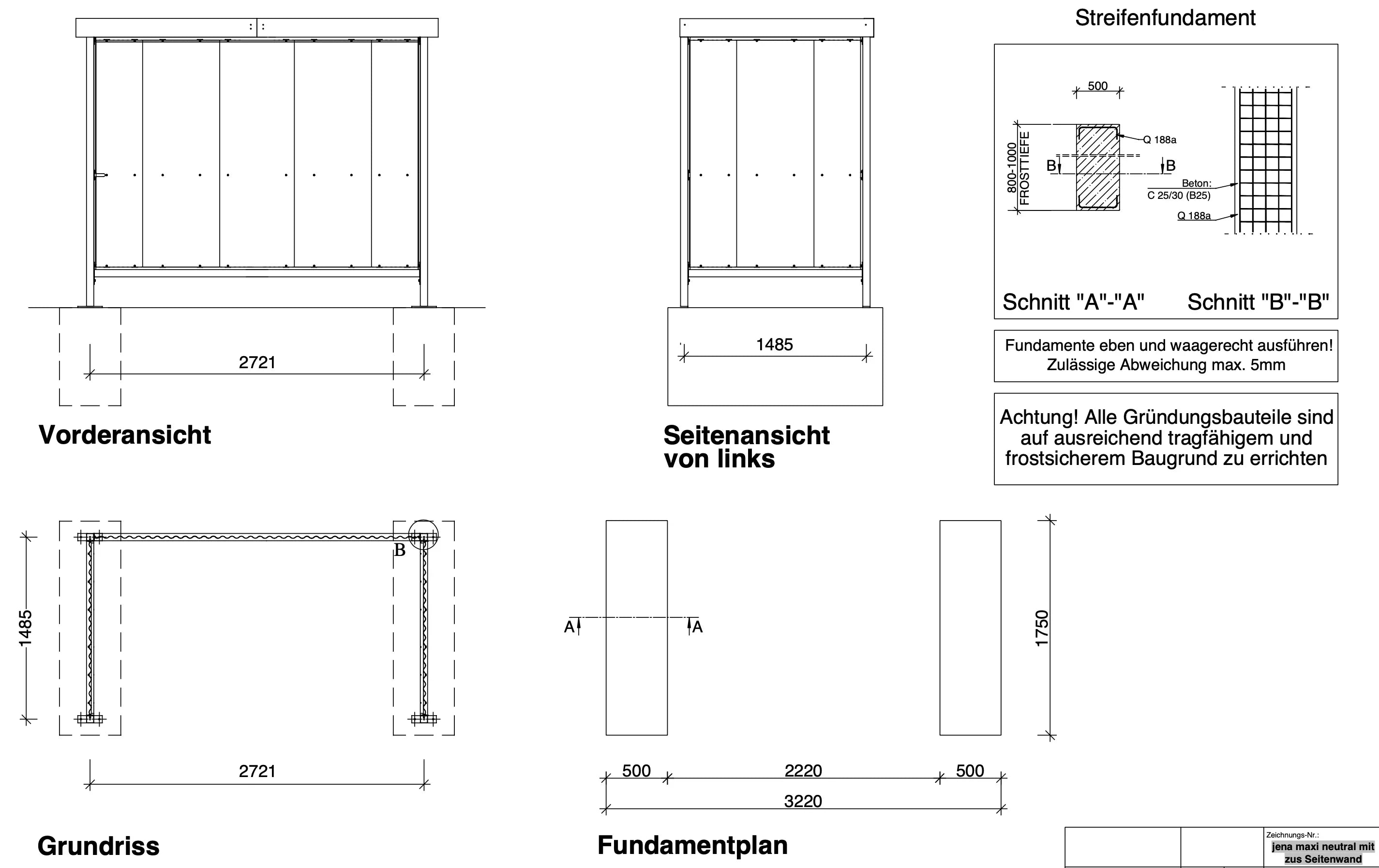 Technische Zeichnung Raucherunterstand Jena Maxi RAL 9002 grauweiß: Vorderansicht, Seitenansicht, Grundriss, Fundamentplan und Streifenfundament mit Maßangaben