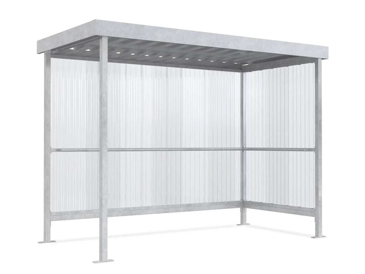 Raucherunterstand Jena Maxi feuerverzinkt, 2960 × 1580 mm, Flachdach mit Trapezblech, Rück- und Seitenwand aus transparentem Wellpolycarbonat, Anlehnbügel serienmäßig – Stahlbausatz zur Eigenaufstellung