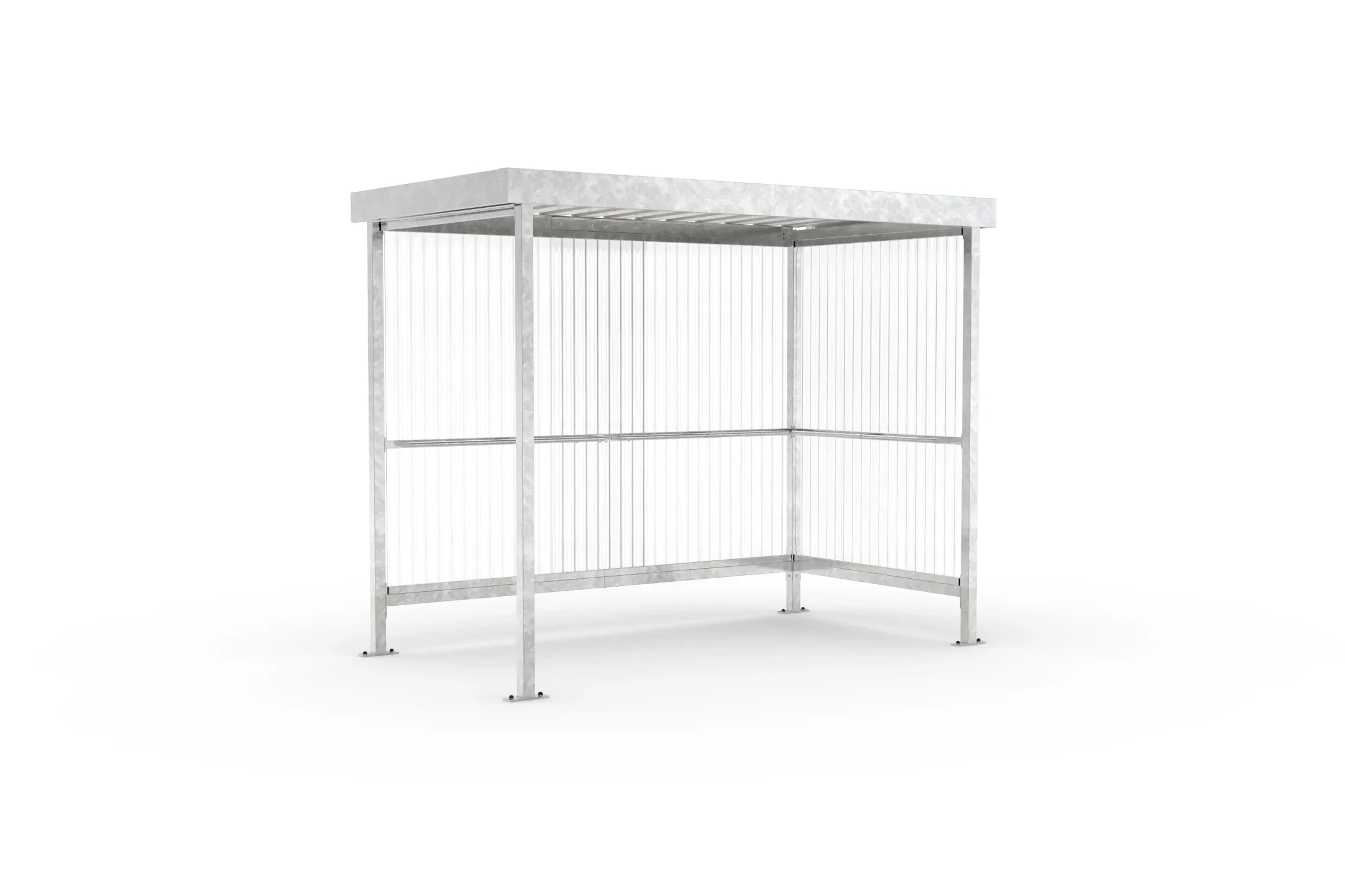 Raucherunterstand Jena Maxi feuerverzinkt in Schrägansicht, 2960 × 1580 mm, Flachdach mit Trapezblech und Wellpolycarbonat-Wänden – Personenüberdachung als Bausatz