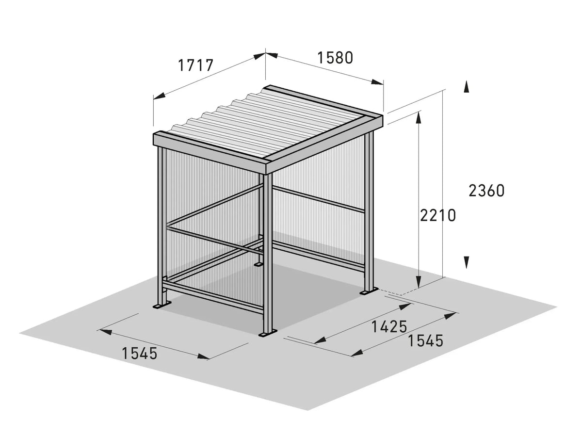 Isometrische Maßzeichnung Raucherunterstand Jena RAL 9002 grauweiß mit Außenmaß 1720 × 1580 × 2360 mm, lichten Maßen und Wandaufbau