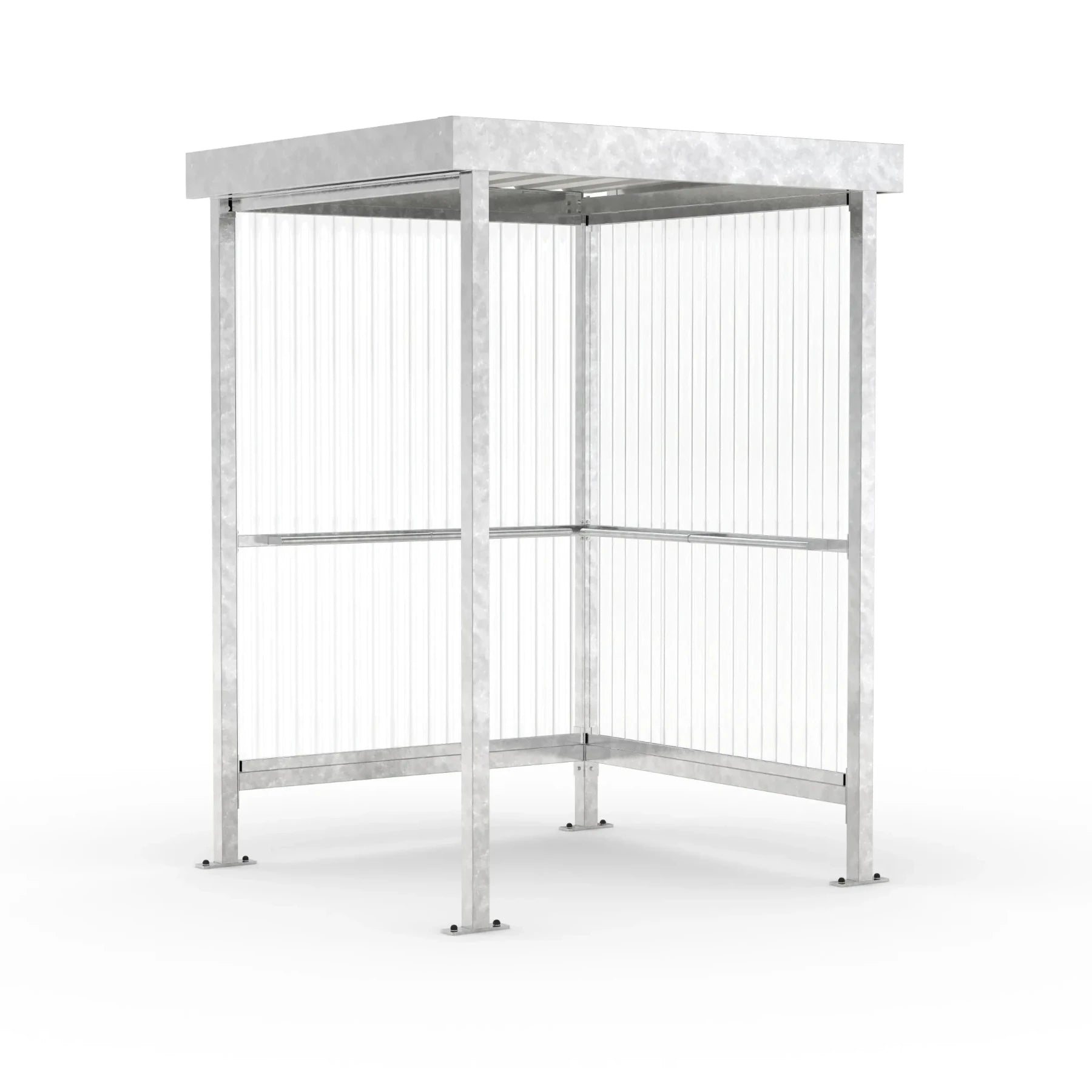 Raucherunterstand Jena feuerverzinkt, 1720 × 1580 mm, Flachdach mit Trapezblech, Rück- und Seitenwand aus transparentem Wellpolycarbonat, Anlehnbügel serienmäßig – Stahlbausatz zur Eigenaufstellung