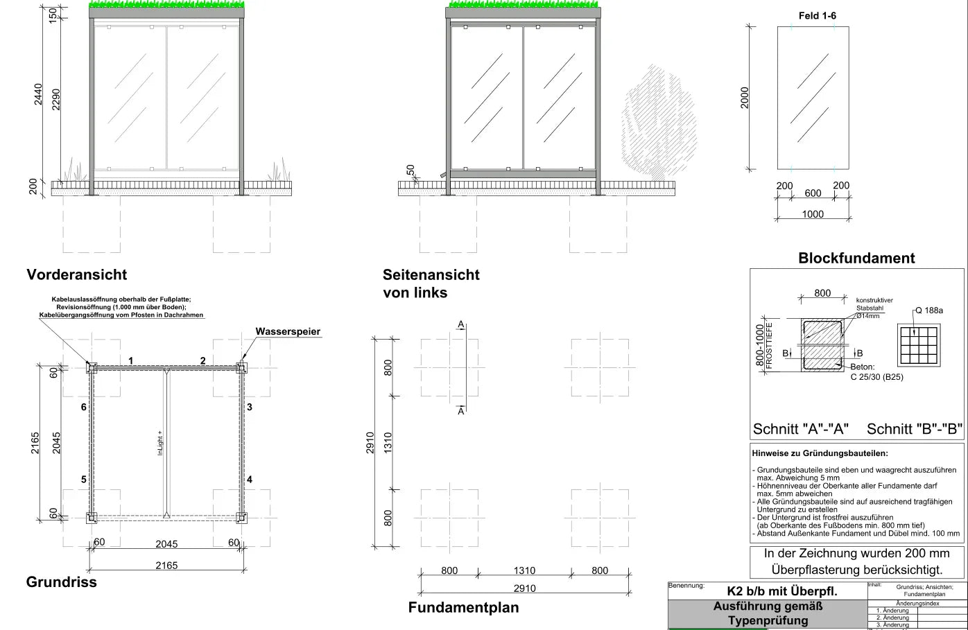 Technische Zeichnung einer Metall Überdachung mit Fundamentplan, Vorder- und Seitenansicht.