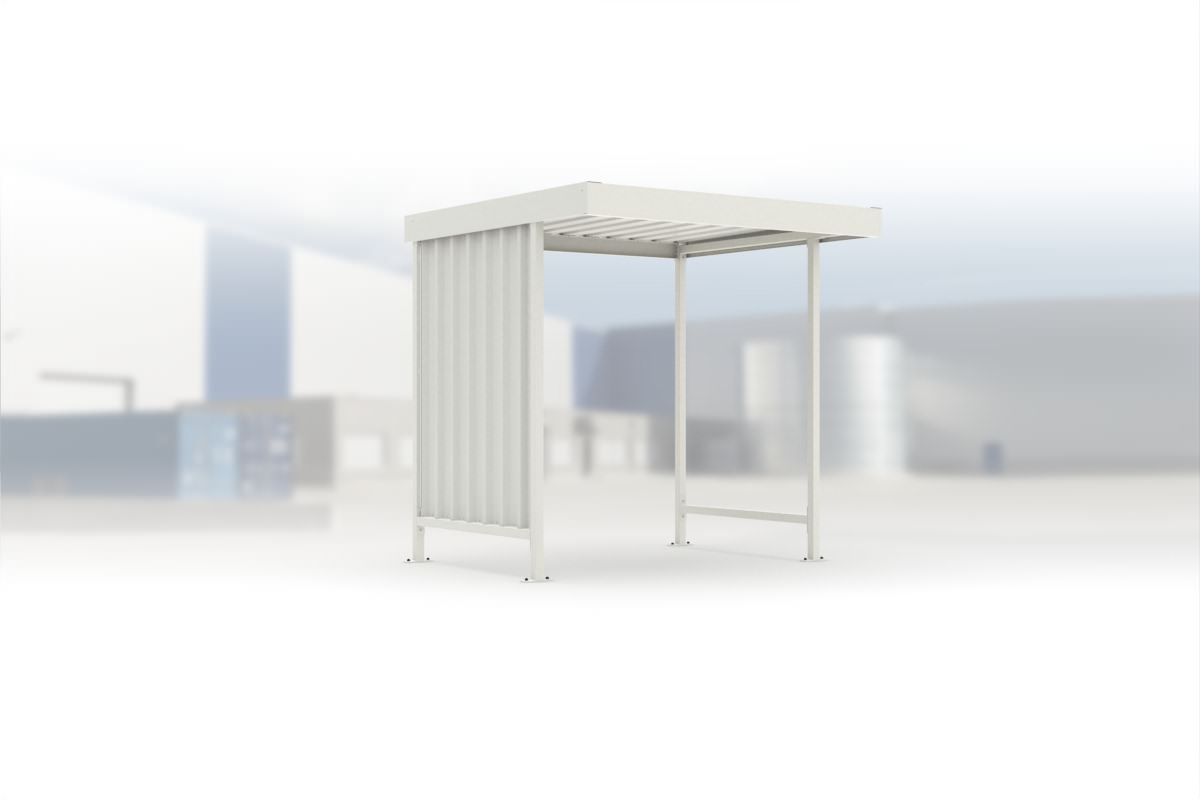 Überdachung Leipzig L10 RAL 9002 grauweiß, 2250 × 2200 mm, Flachdach mit Trapezblech, mit Trapezblech-Seitenwand links, offene Rückseite – Stahlbausatz zur Eigenaufstellung
