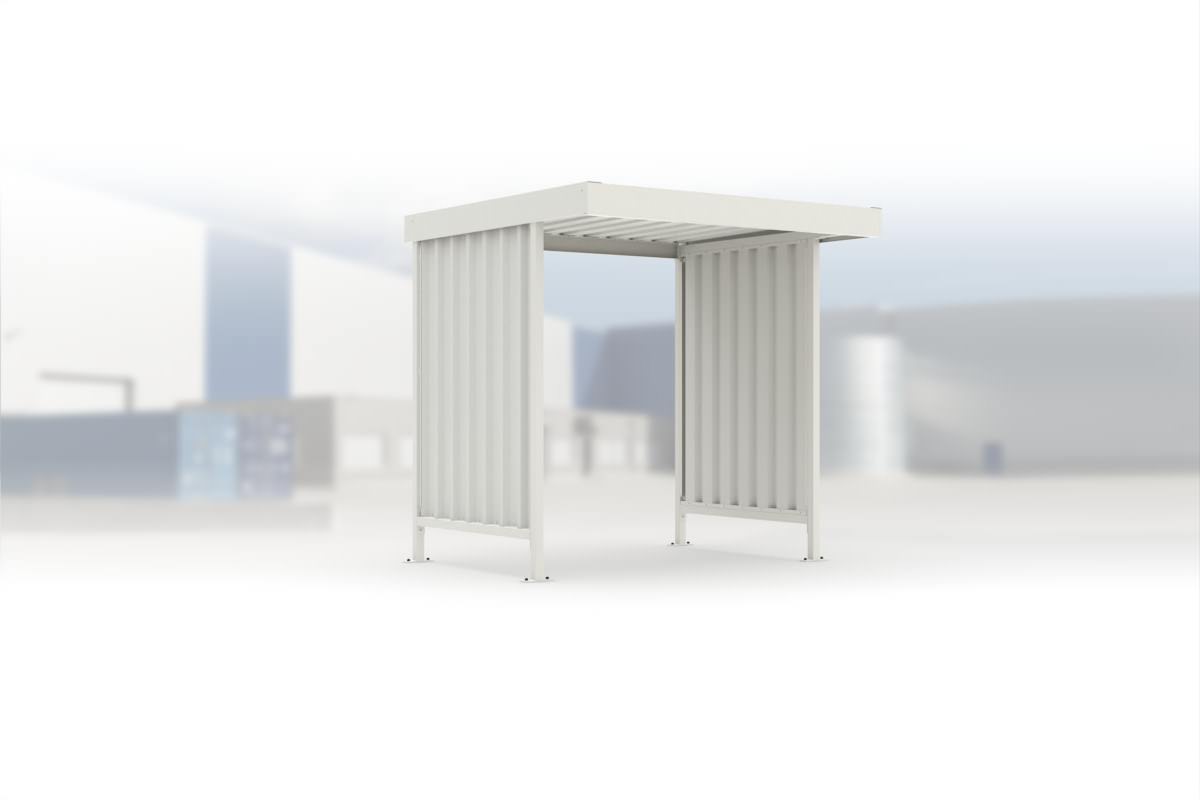 Überdachung Leipzig L10 RAL 9002 grauweiß, 2250 × 2200 mm, Flachdach mit Trapezblech, mit Trapezblech-Seitenwänden links und rechts, offene Rückseite – Stahlbausatz zur Eigenaufstellung
